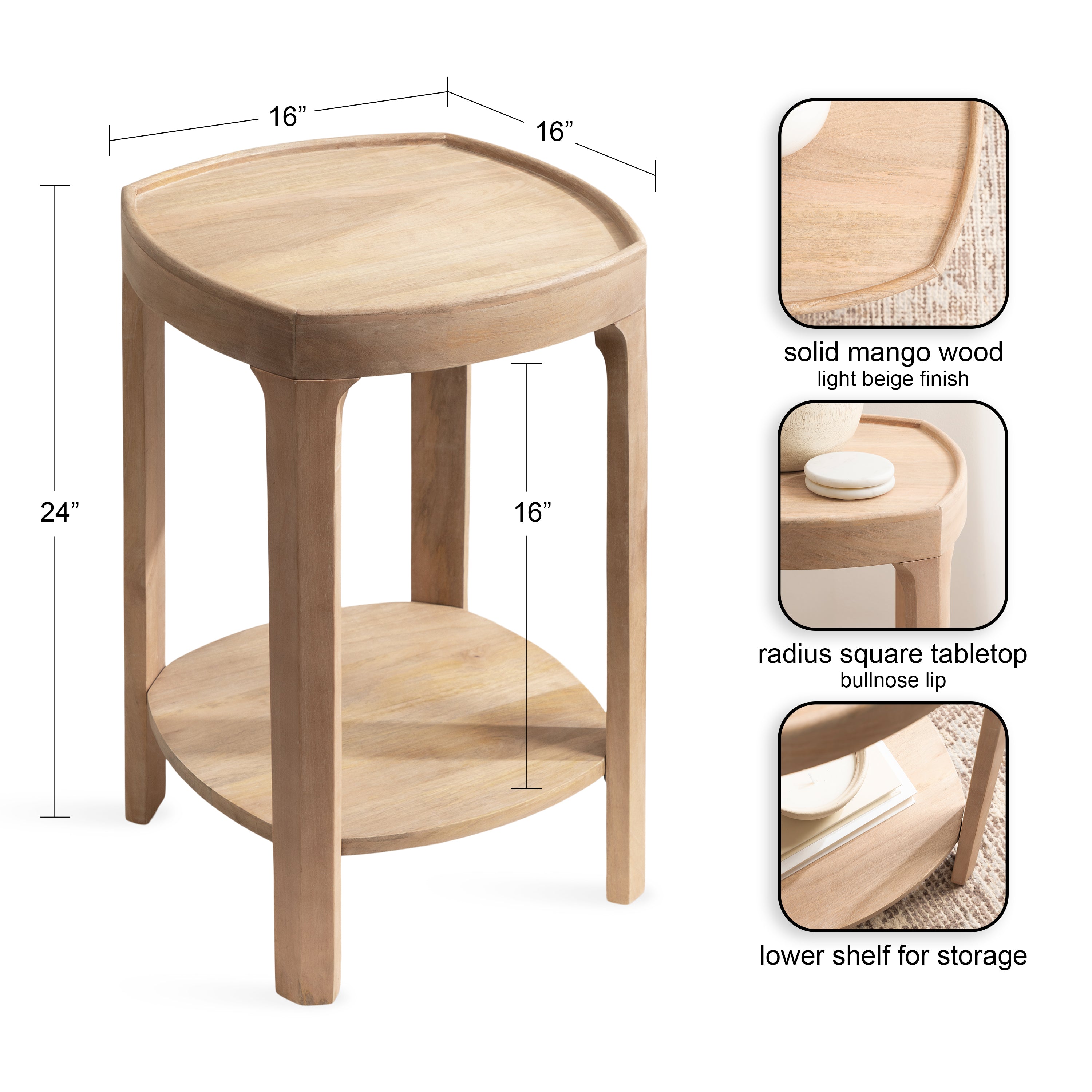 Side Table Natural Beige 16x16x24 2