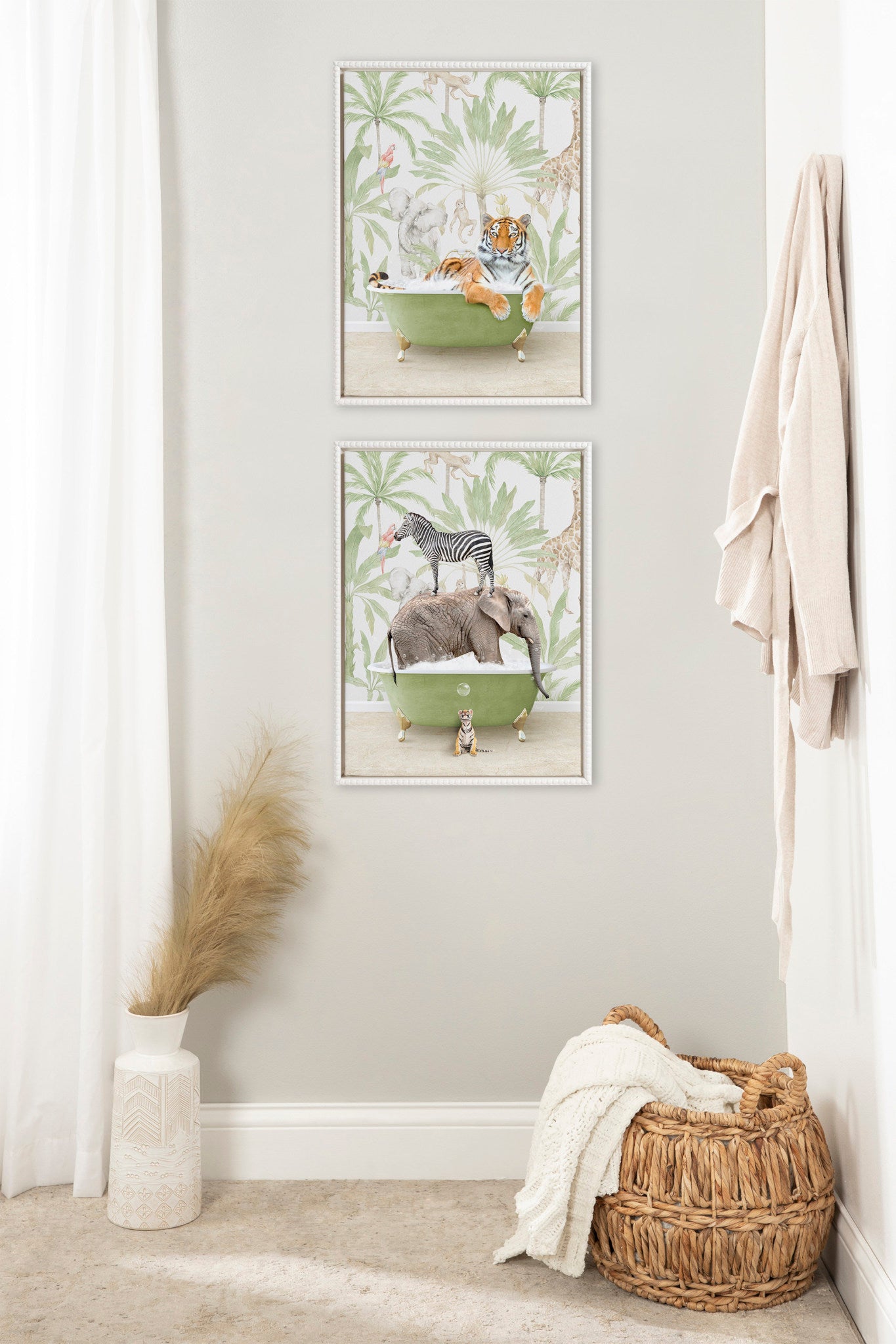 Sylvie Beaded Safari Animals in Safari Bath Framed Canvas by Amy Peterson