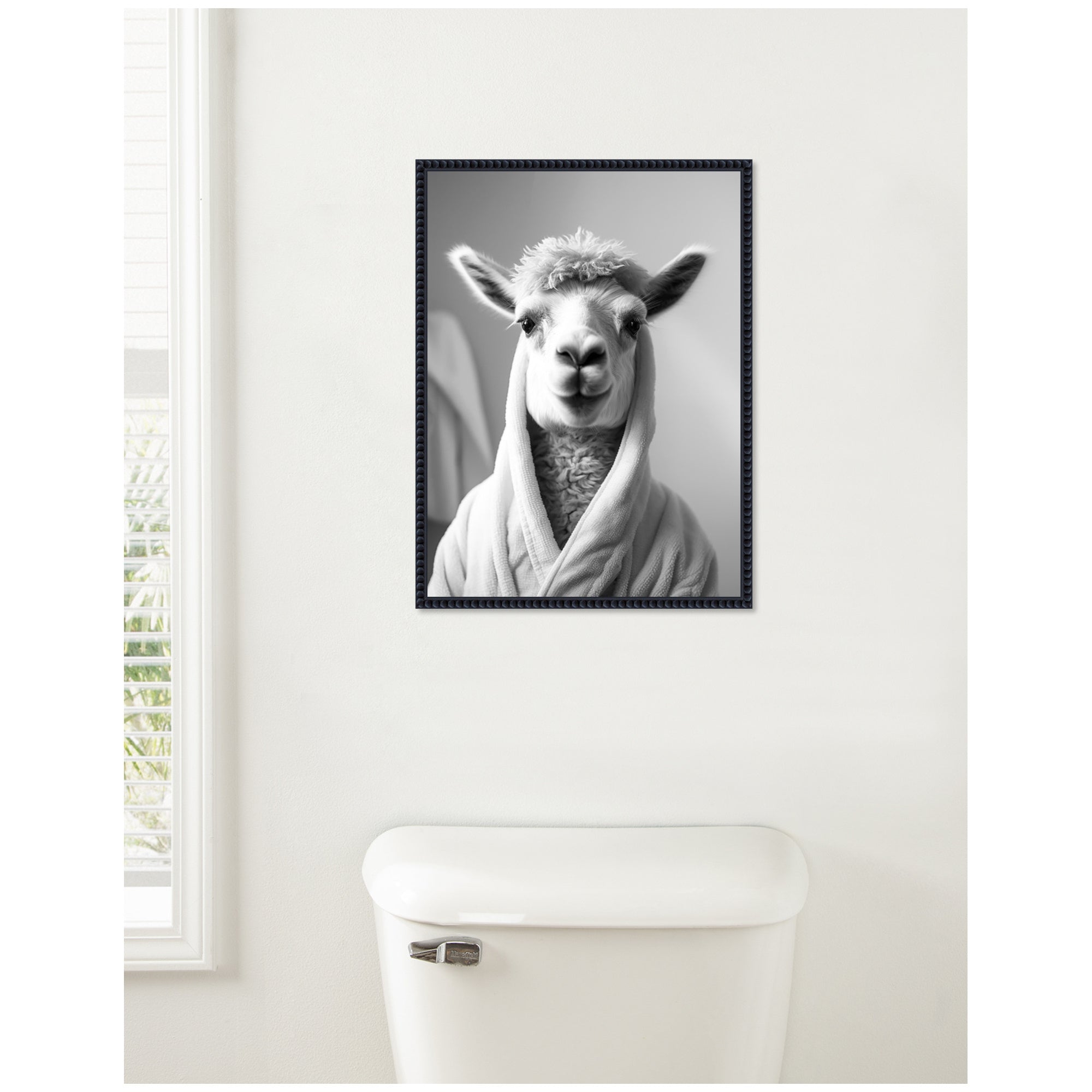 Sylvie Llama Bathroom Art Towel Robe Black and White Framed Canvas by The Creative Bunch Studio