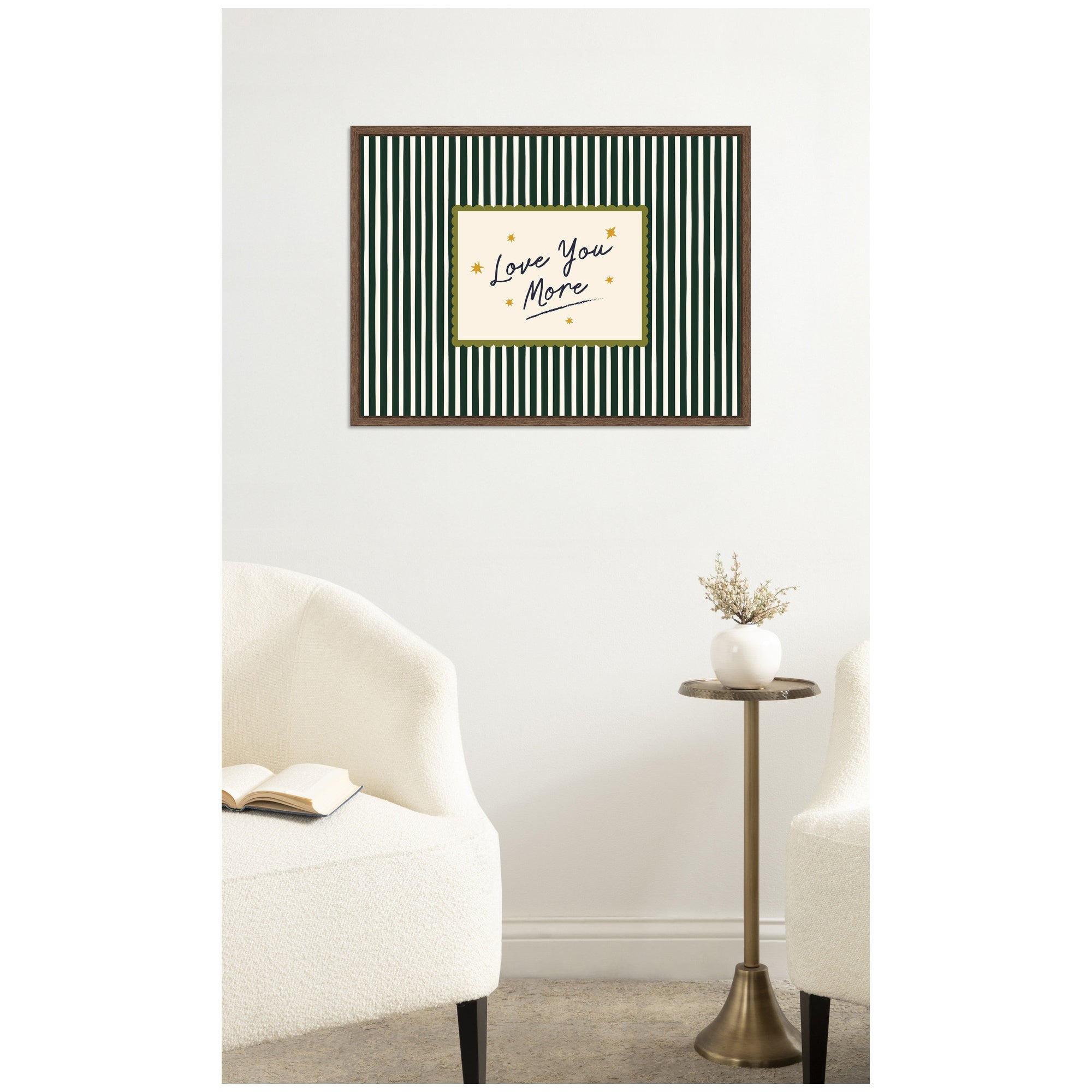 Love You More Positive Quote Above Bed Decor, Striped Green Cozy Wall Art for Apartment or Home by Lucky Guava Framed Canvas Wall Art Print