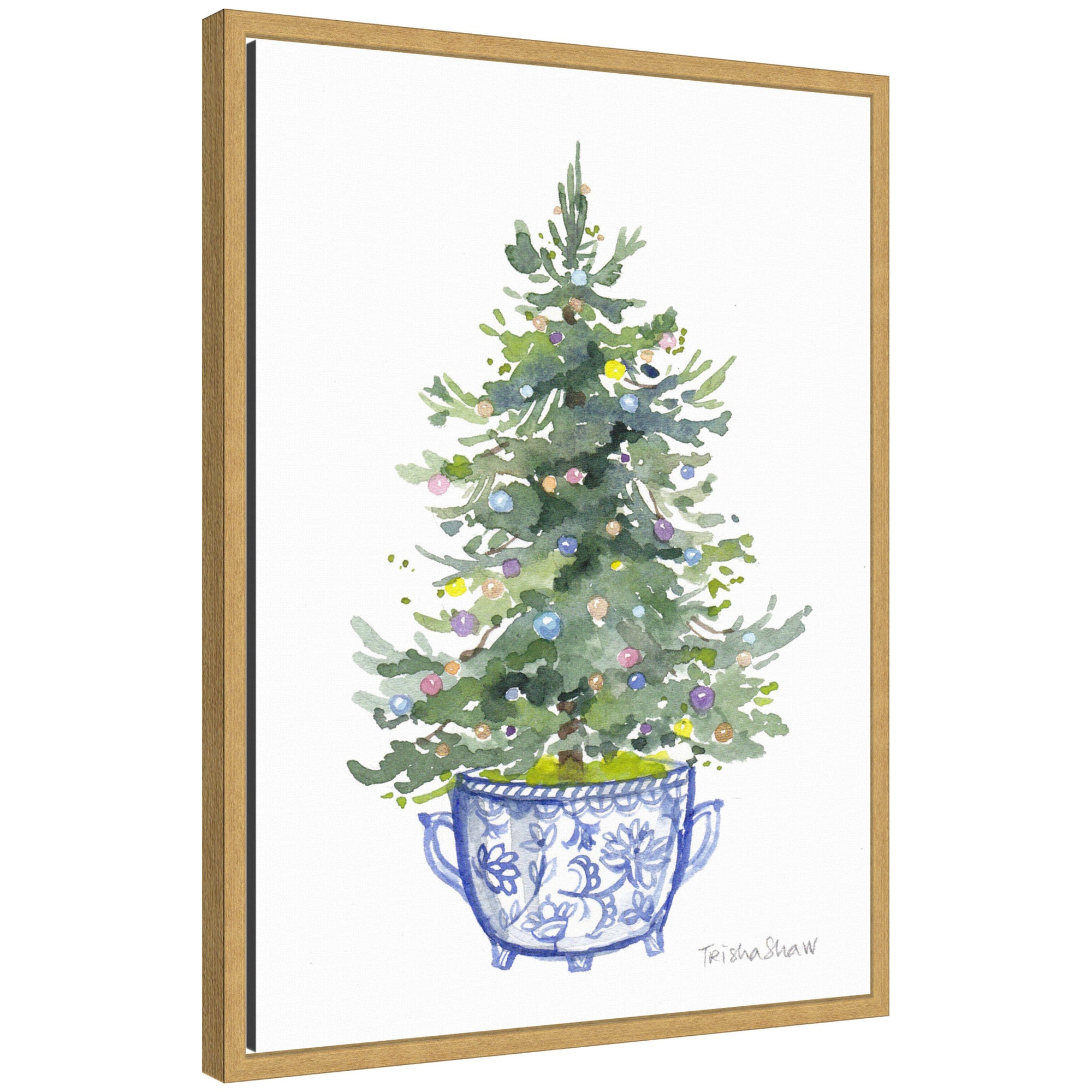 Sylvie Framed Canvas Traditional Christmas Tree In Blue Chinoiserie Pot by Patricia Shaw