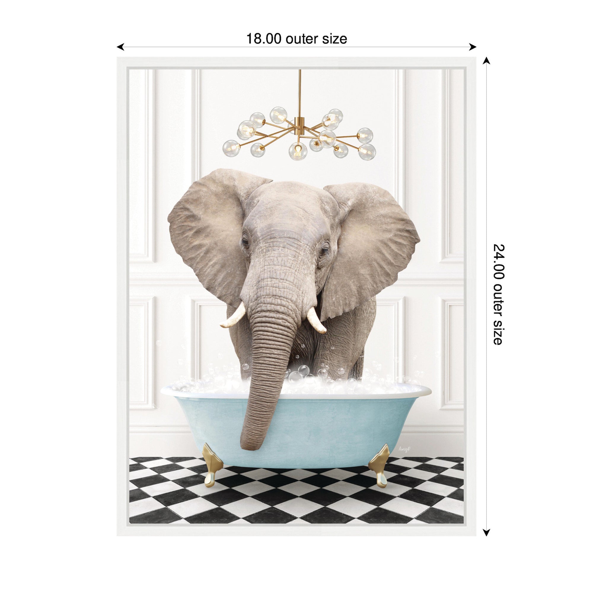 Sylvie Elephant Front in Blue Bathtub on Checker Floor Framed Canvas by Amy Peterson