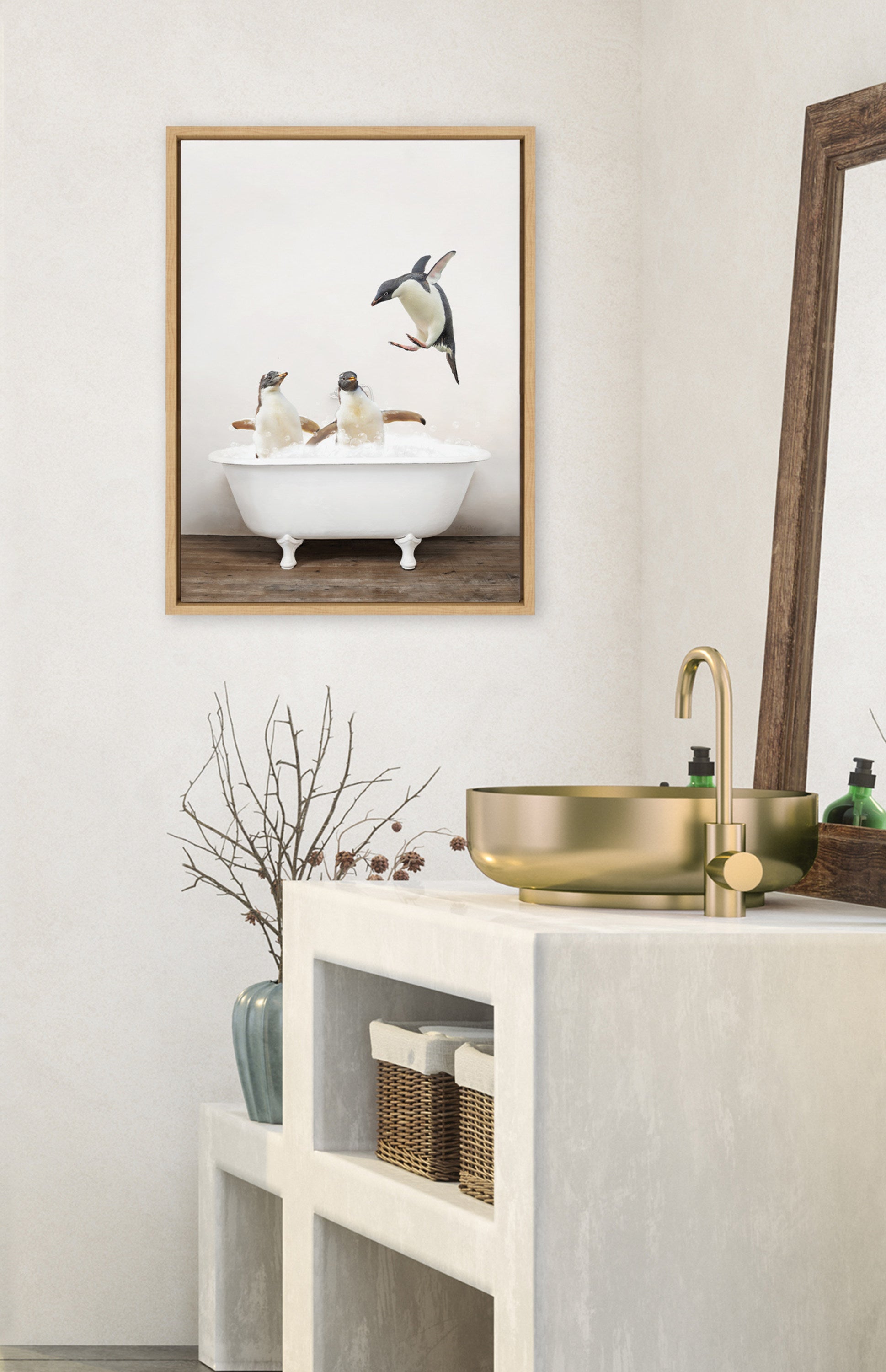 Sylvie Penguins Playing in Rustic Bath Framed Canvas by Amy Peterson Art Studio
