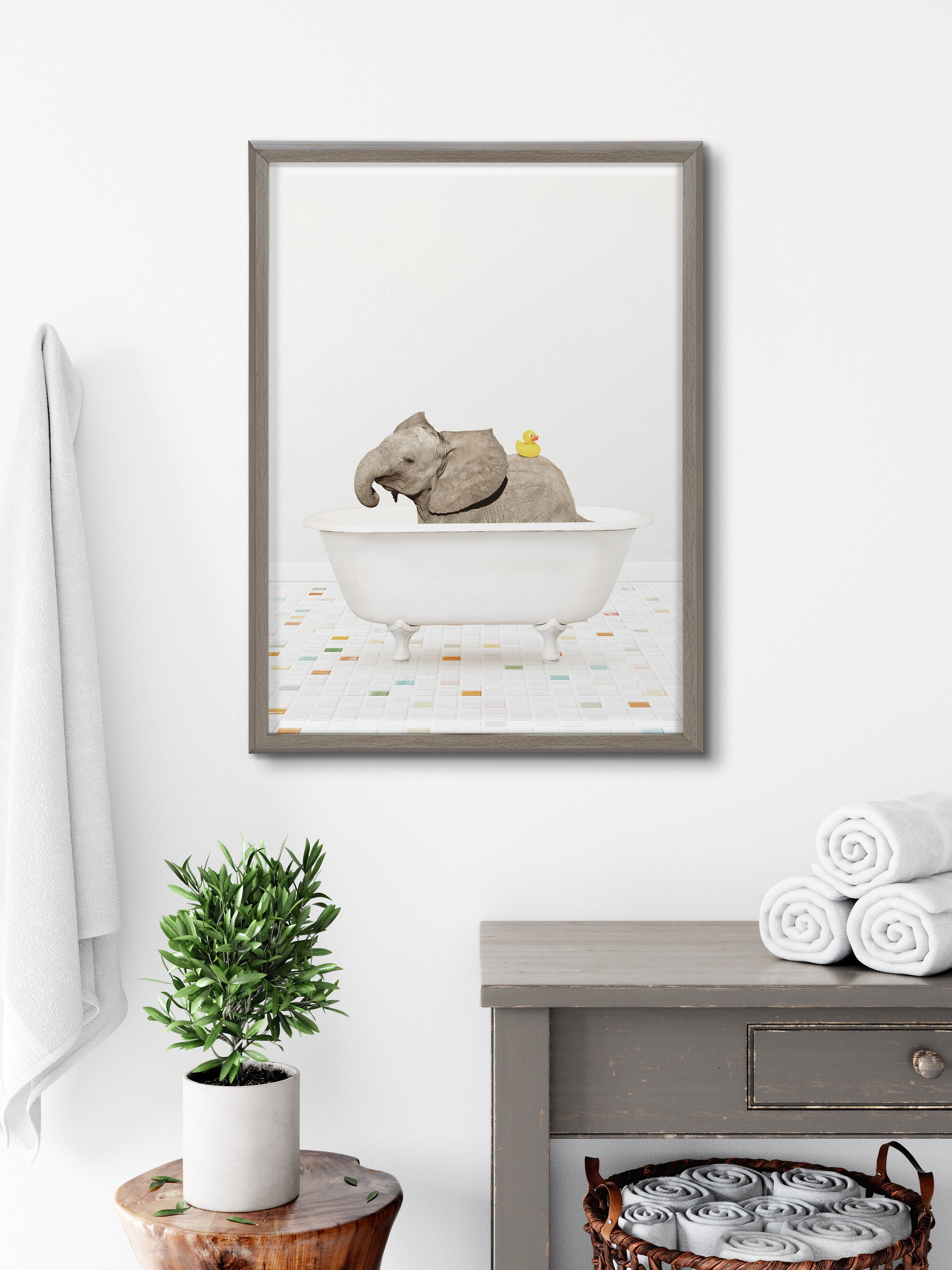 Blake Baby Elephant Bath Time with Rubber Ducky Framed Printed Glass by Amy Peterson Art Studio