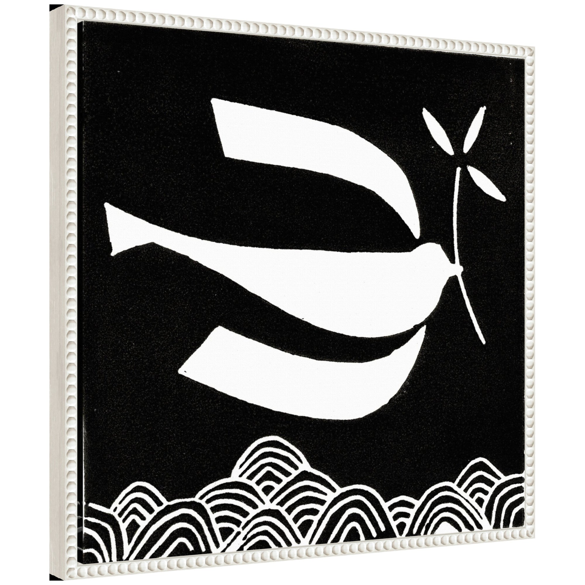 Sylvie Volare 2 Black and White Bird Linocut Framed Canvas by Giuliana Lazzerini
