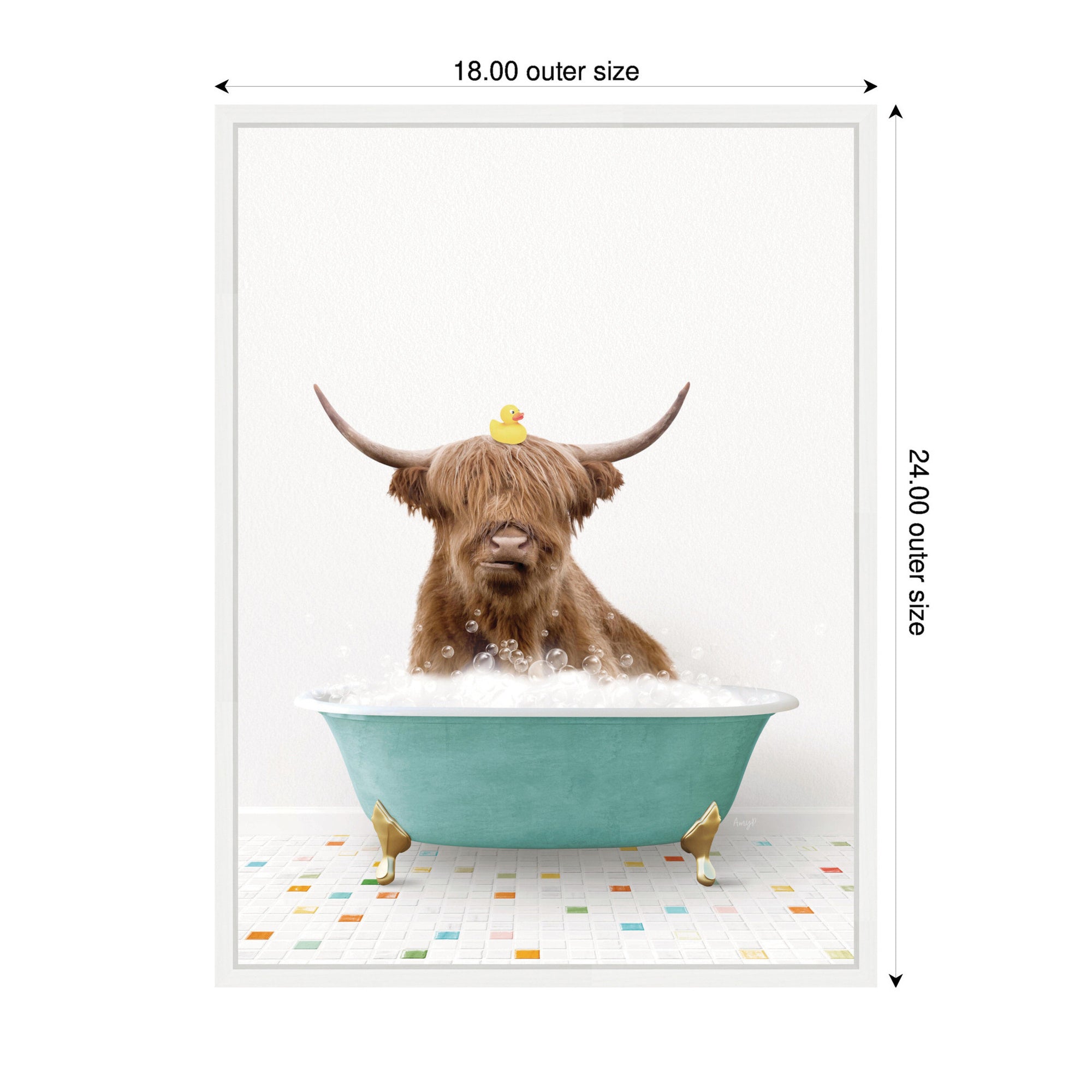 Sylvie Highland Cow in Teal Bathtub on Colored Tile Framed Canvas by Amy Peterson