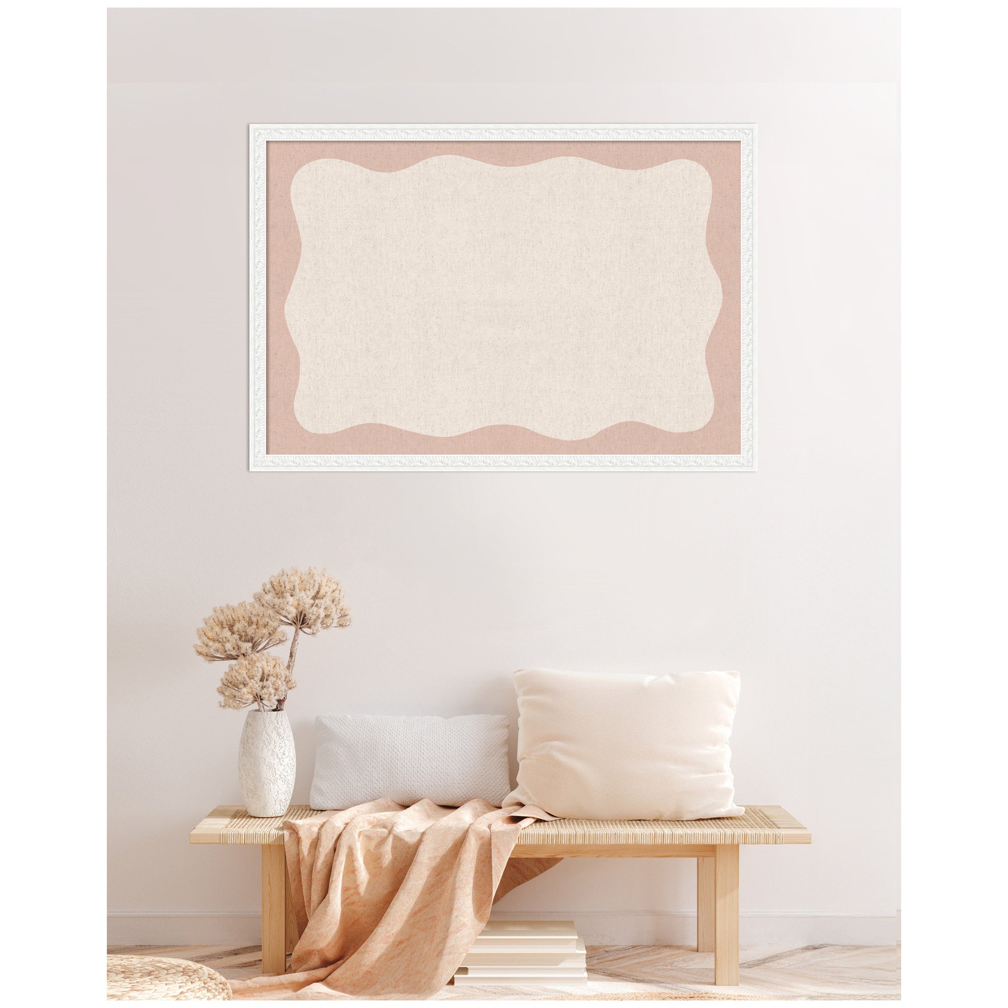 Framed Fabric Pinboard Wavy Linen Light and Pink Wall Organization