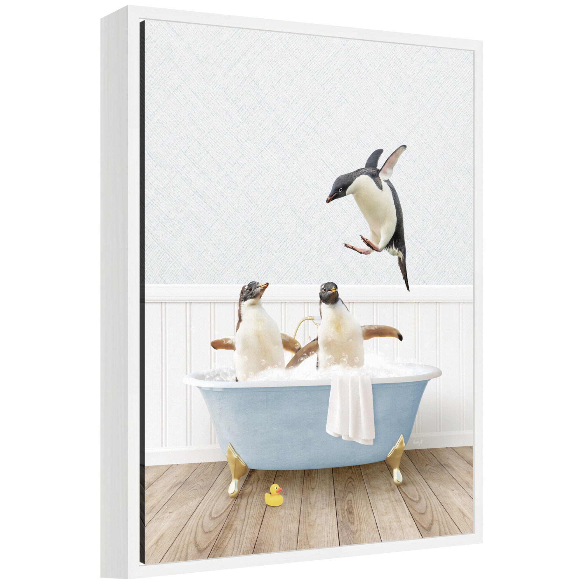 Sylvie Penguins in Cottage Blue Bathtub Framed Canvas by Amy Peterson