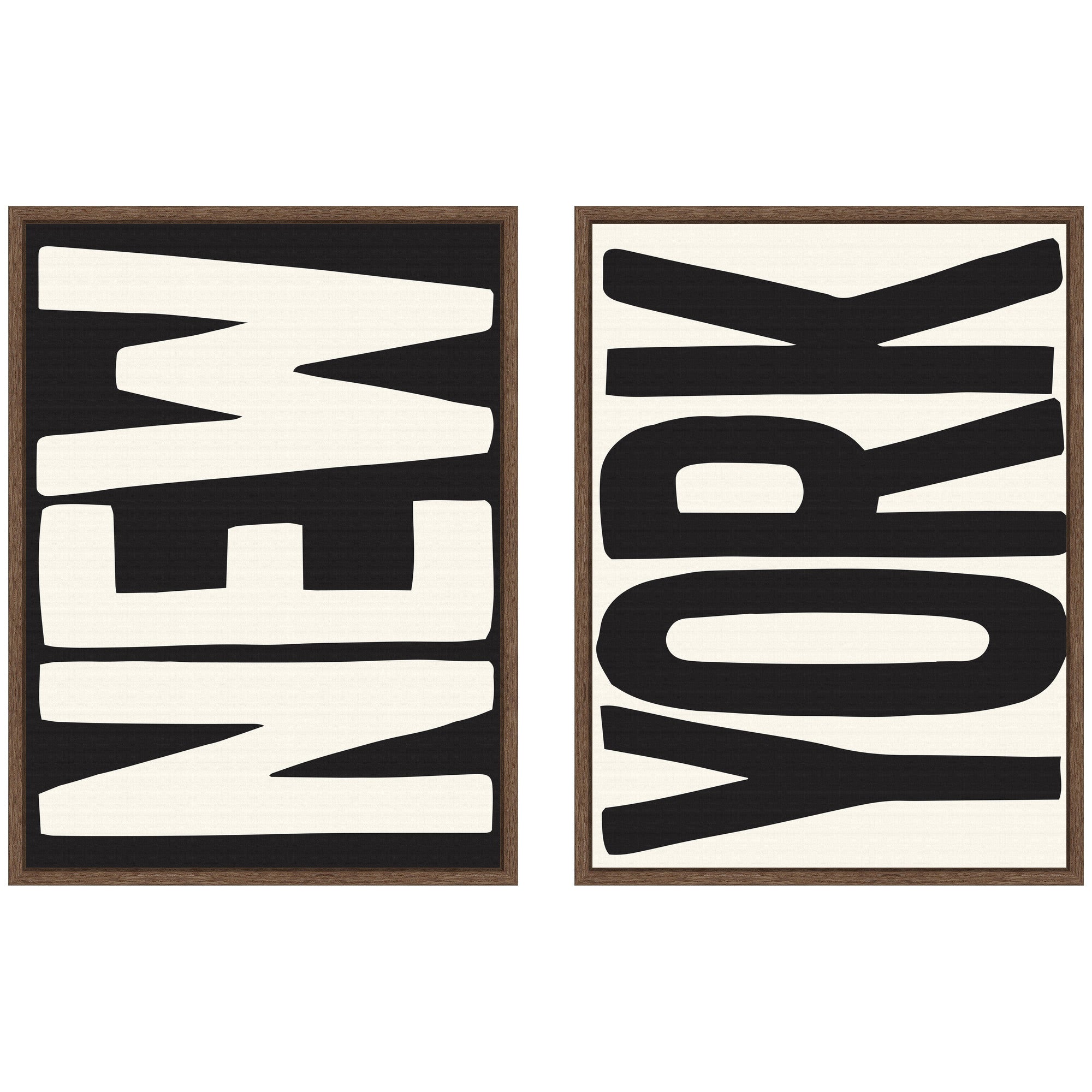 New York Set Print Travel City Typography Black and White 2 Piece Framed Canvas Wall Art Set by Lucky Guava