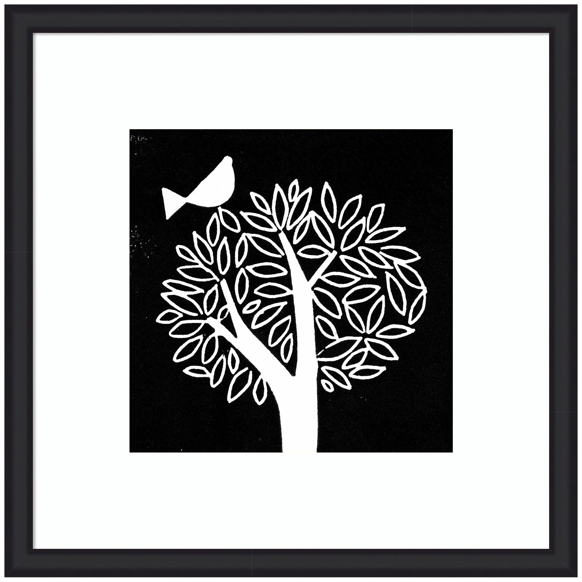 Framed Art Black and White Bird Tree Linocut by Giuliana Lazzerini