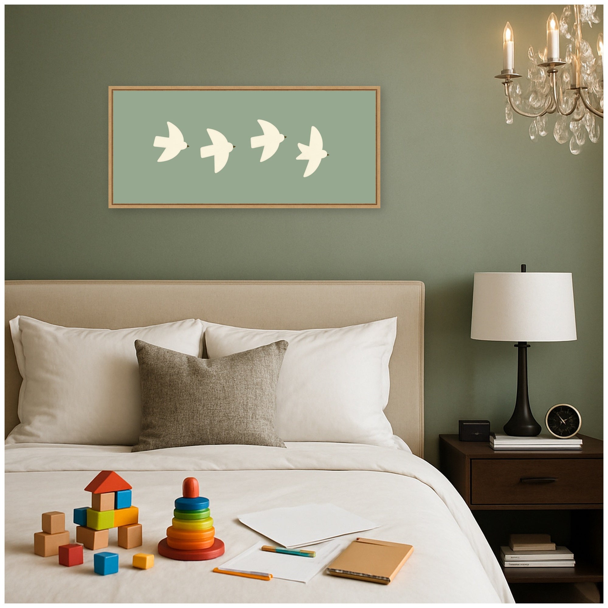 Minimalist Birds Panel 4 Green by Laura Moss Framed Canvas Wall Art Print