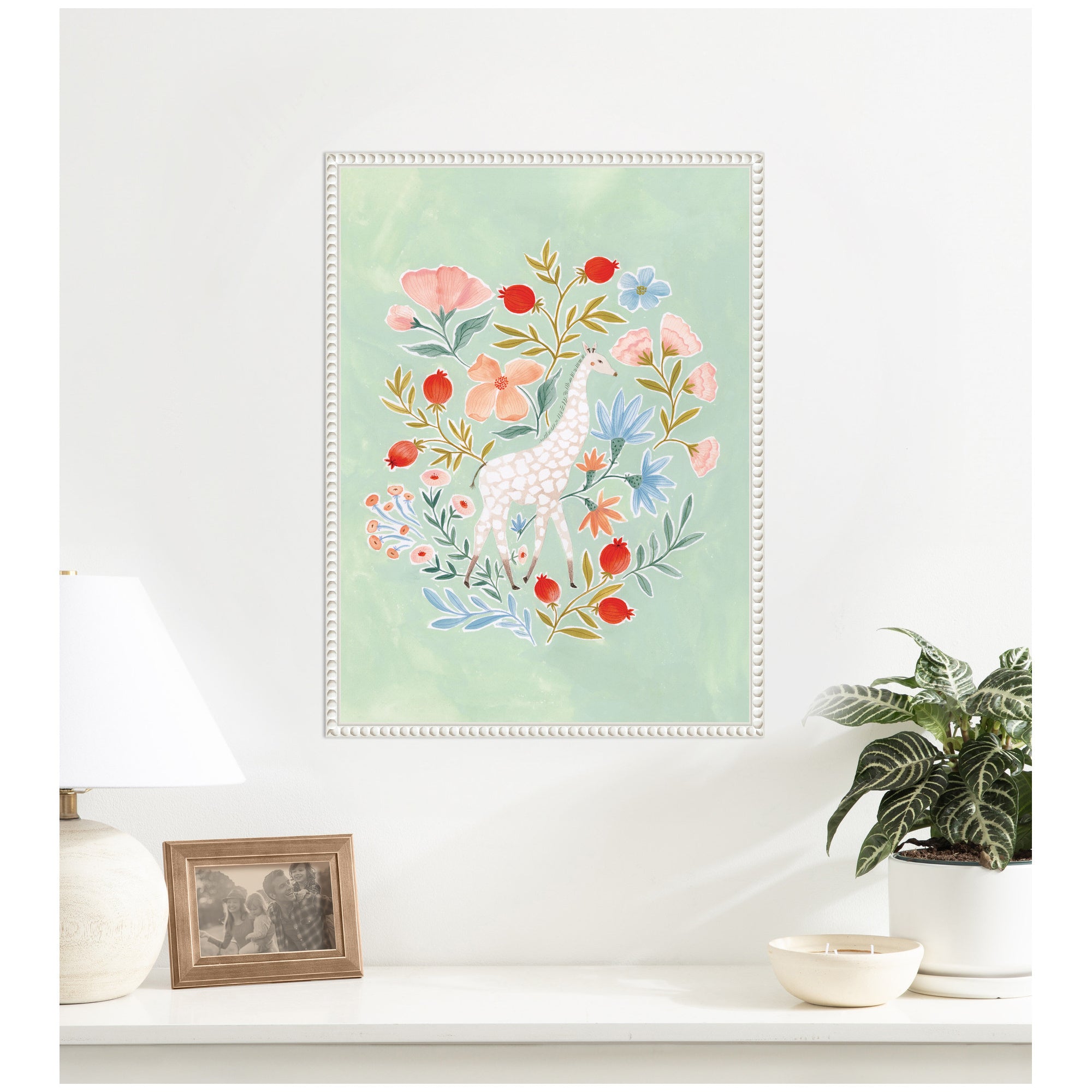 Giraffe and Florals by Jill Labieniec Framed Canvas Wall Art Print