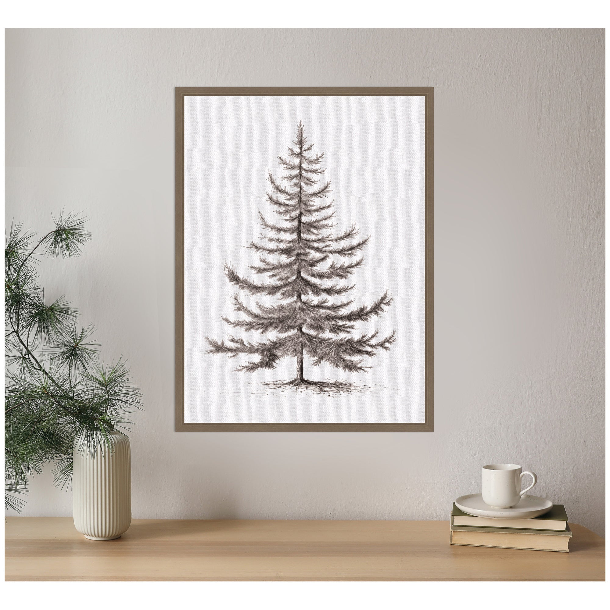 Sylvie Framed Canvas Vintage Evergreen Fir Tree lllustration II by The Creative Bunch Studio