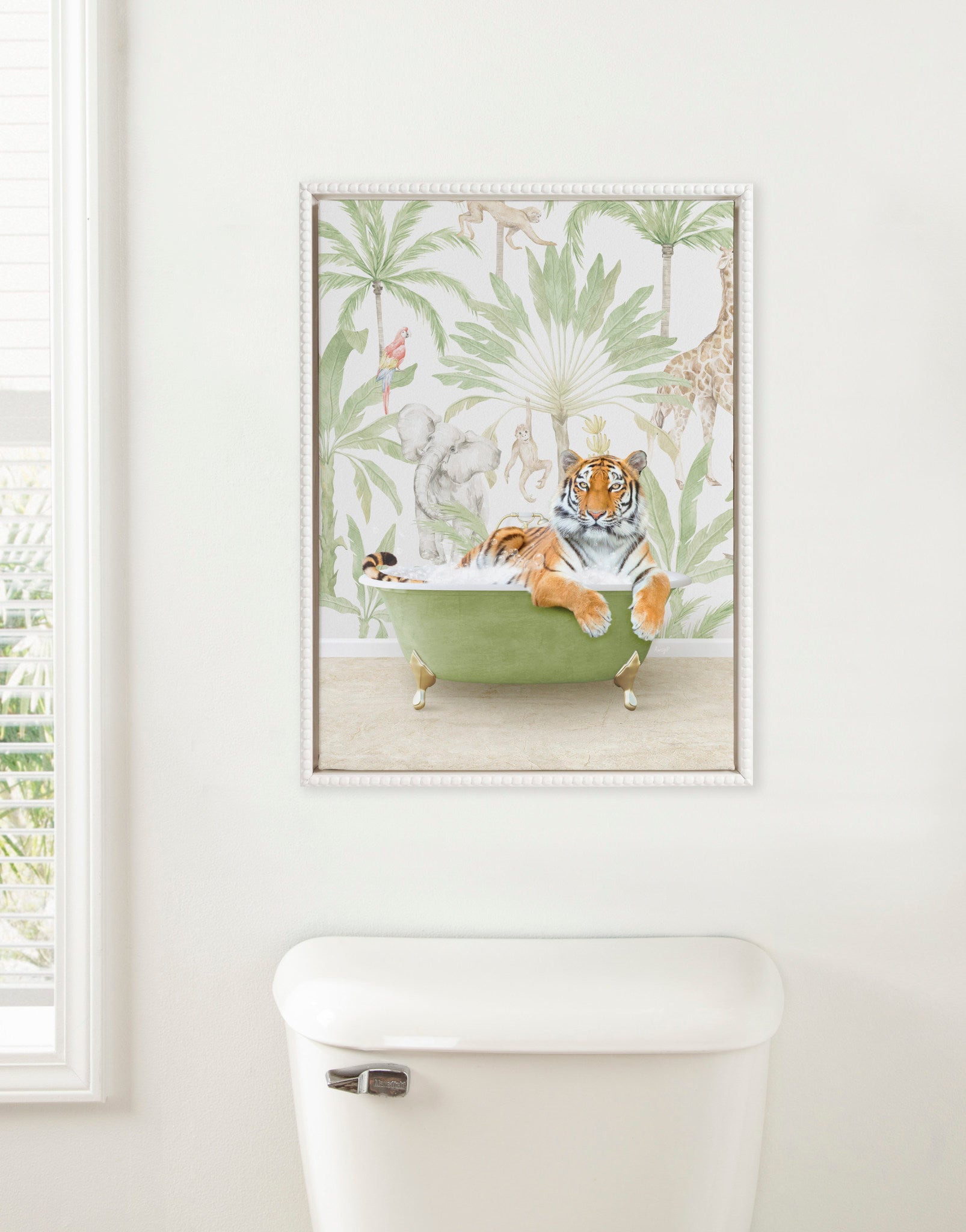 Sylvie Beaded Tiger in Safari Bath Framed Canvas by Amy Peterson
