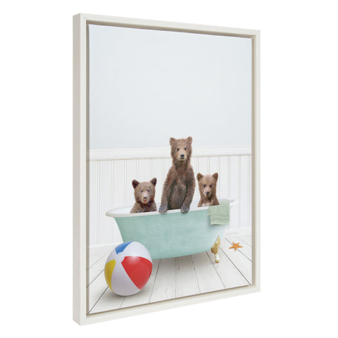 Sylvie Three Bear Cubs In Beach House Bath Framed Canvas by Amy Peterson