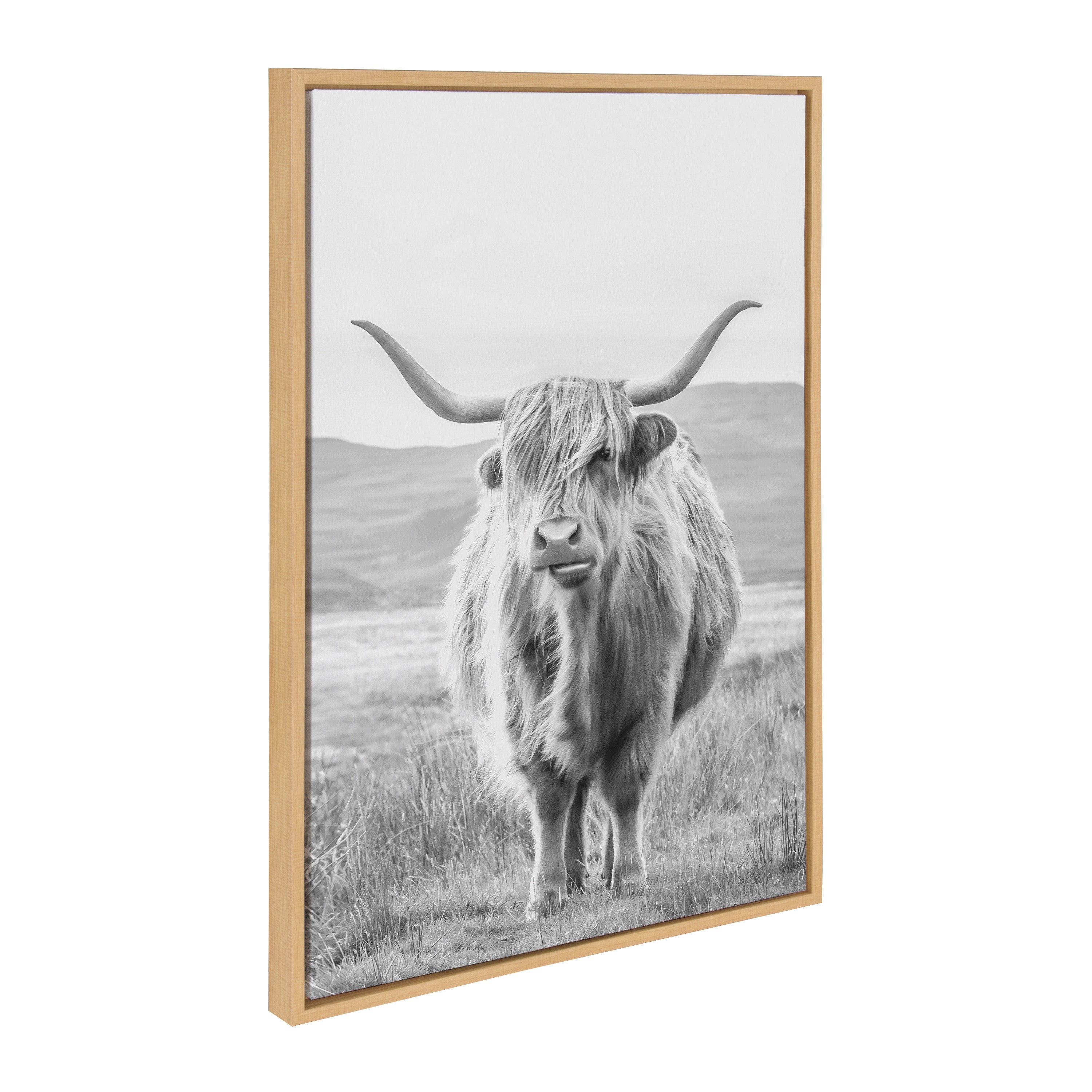 Sylvie Herd of Highland Cows BW Left and Right and Highland Cow Mountain Landscape Black and White Framed Canvas Art Set by The Creative Bunch Studio