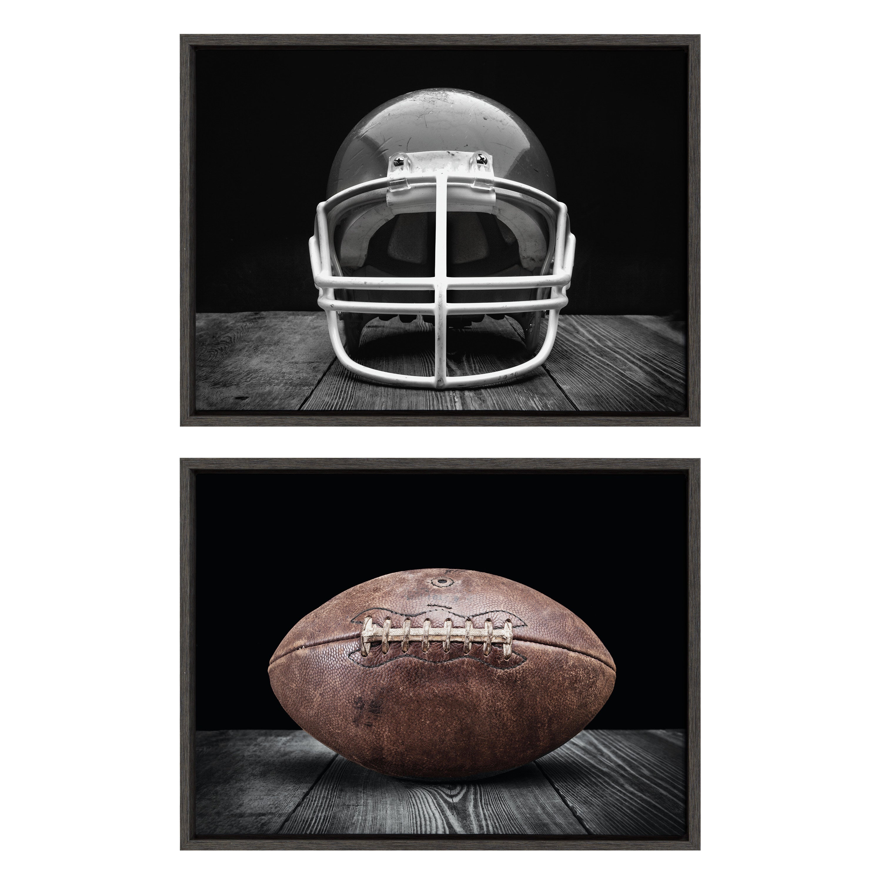 Sylvie Vintage Football Helmet on Black and Vintage Football on Black Framed Canvas Art Set by Saint and Sailor Studios