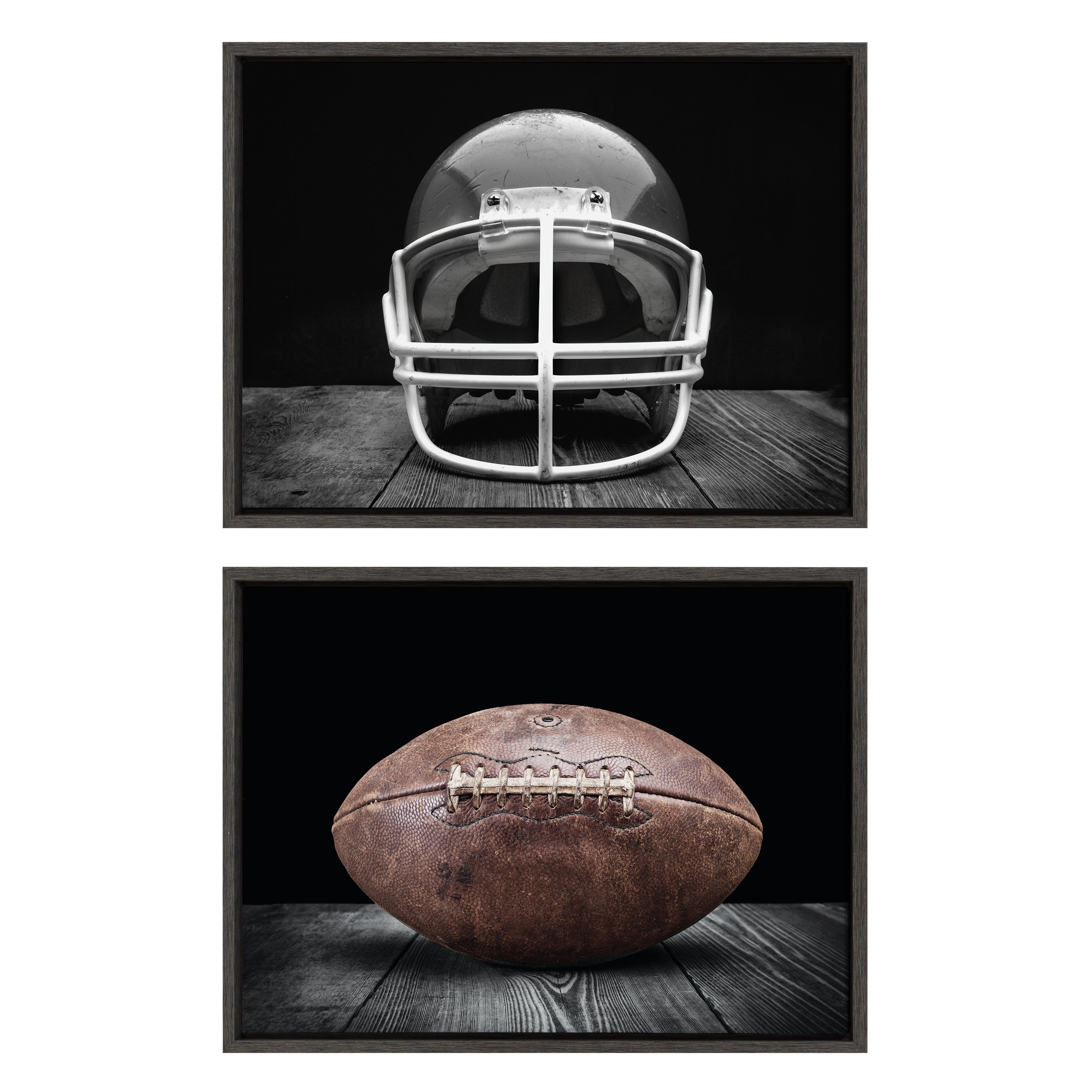 Kate and Laurel Sylvie Vintage Football Helmet on Black and Vintage Football on Black Framed Canvas Wall Art Set by Saint and Sailor Studios, 2 Piece