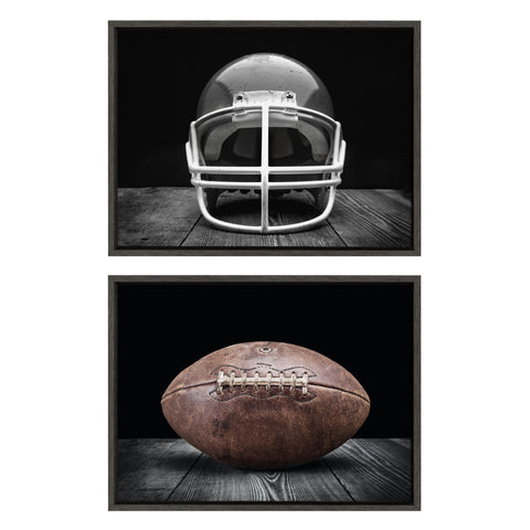 Sylvie Vintage Football Helmet on Black and Vintage Football on Black Framed Canvas Art Set by Saint and Sailor Studios