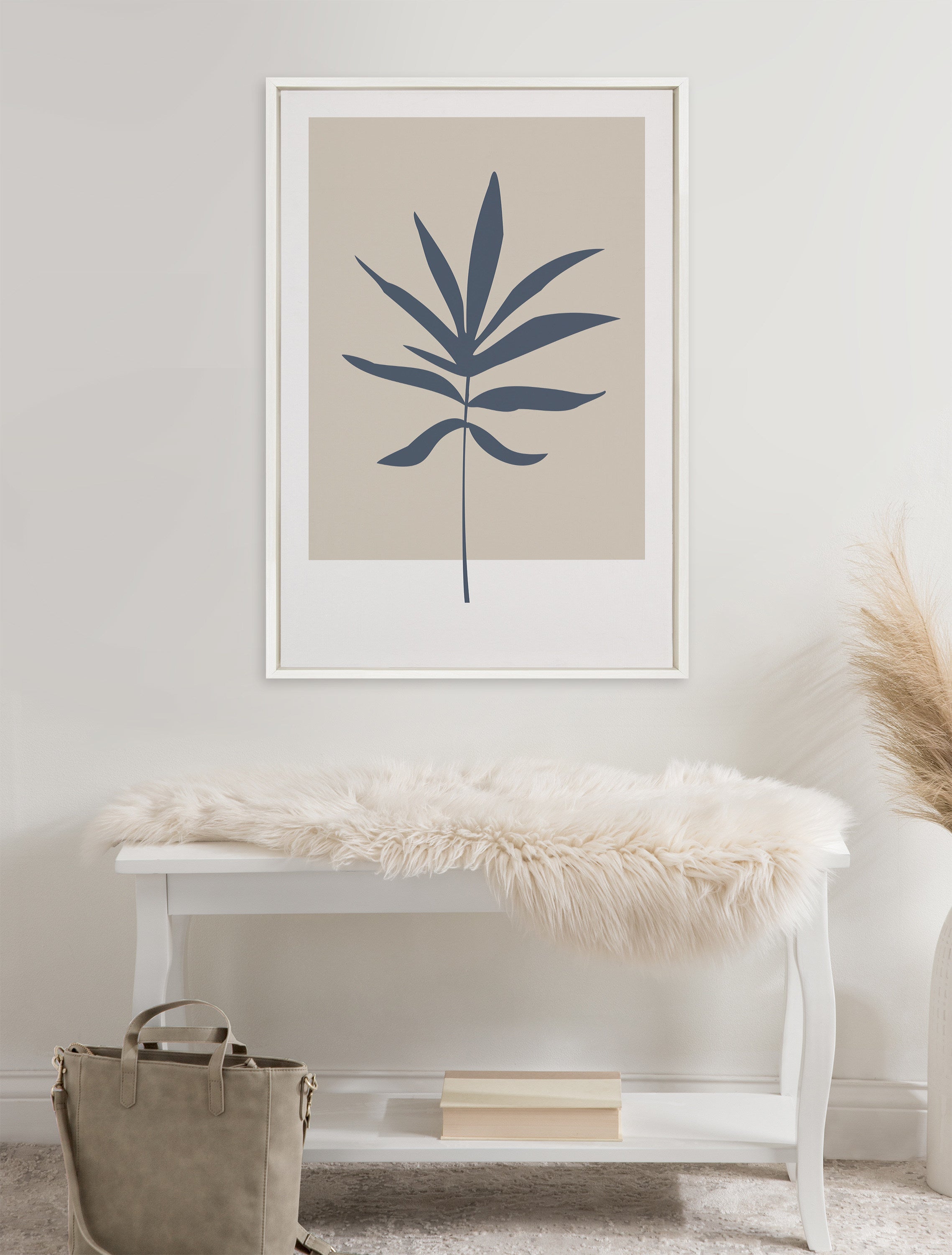 Sylvie Muted Tan and Blue Colorblock Botanical Leaf Framed Canvas by The Creative Bunch Studio