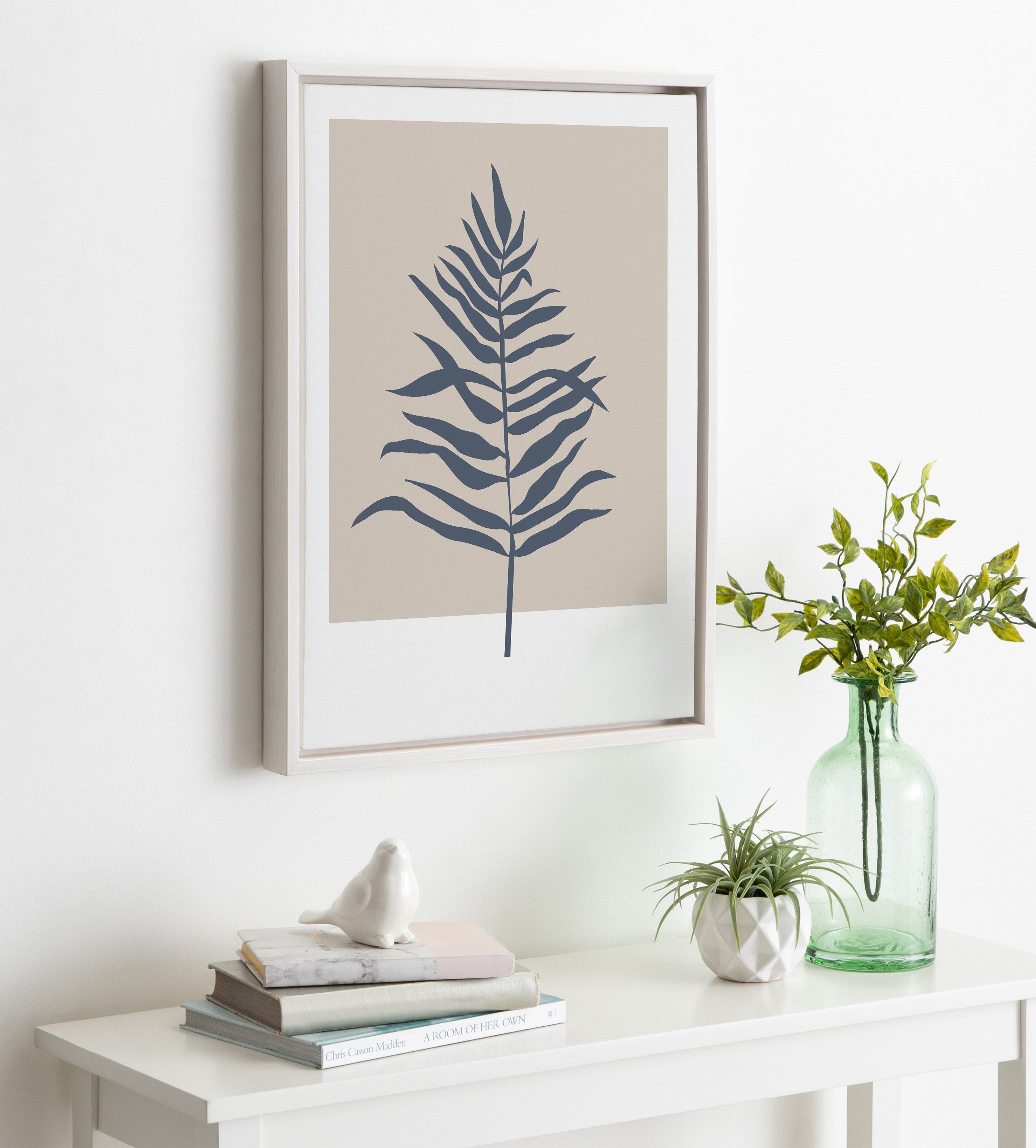Sylvie Muted Tan and Blue Colorblock Botanical Fern Framed Canvas by The Creative Bunch Studio