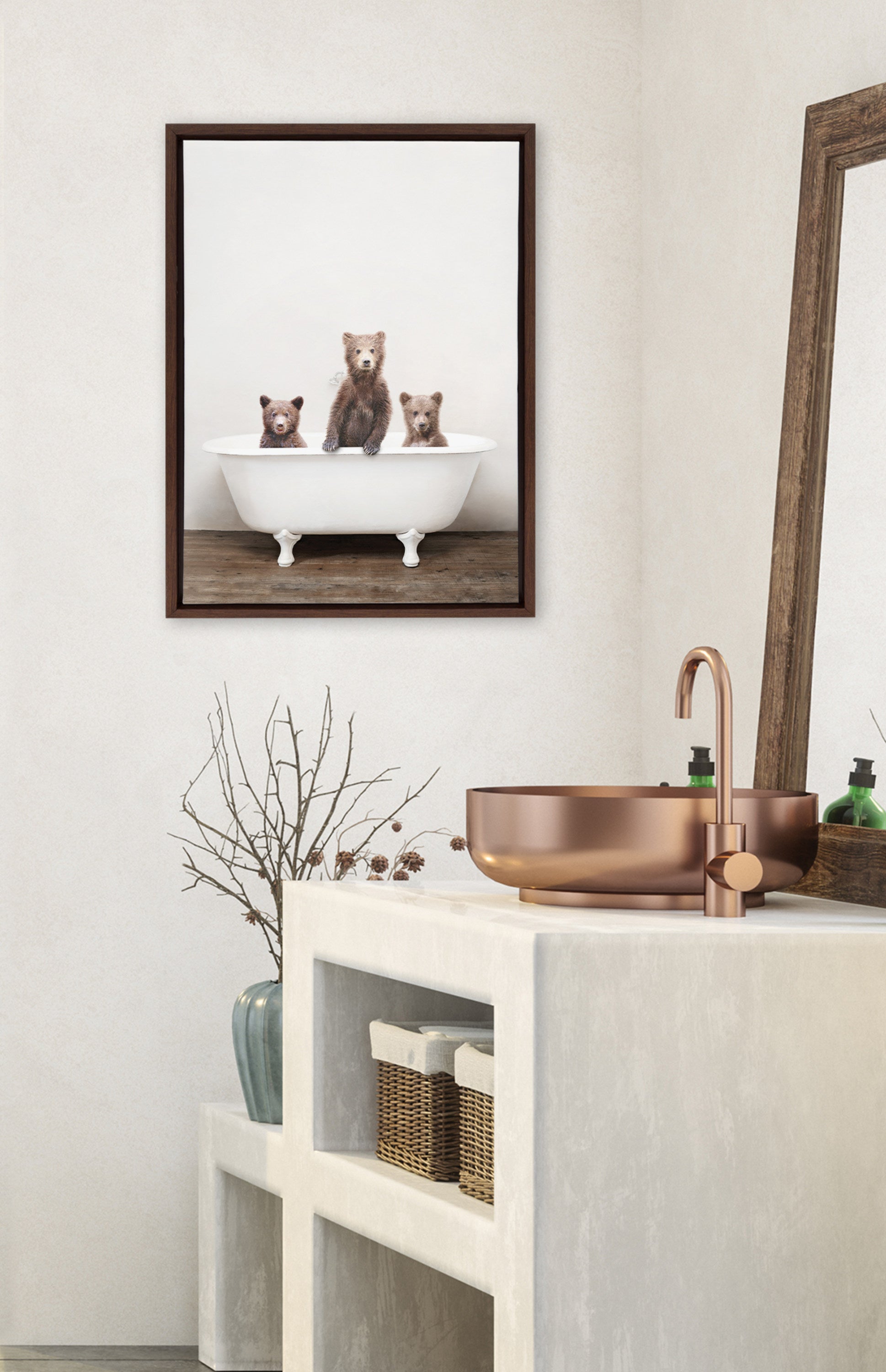 Sylvie Three Little Bears in Vintage Bathtub Framed Canvas by Amy Peterson Art Studio