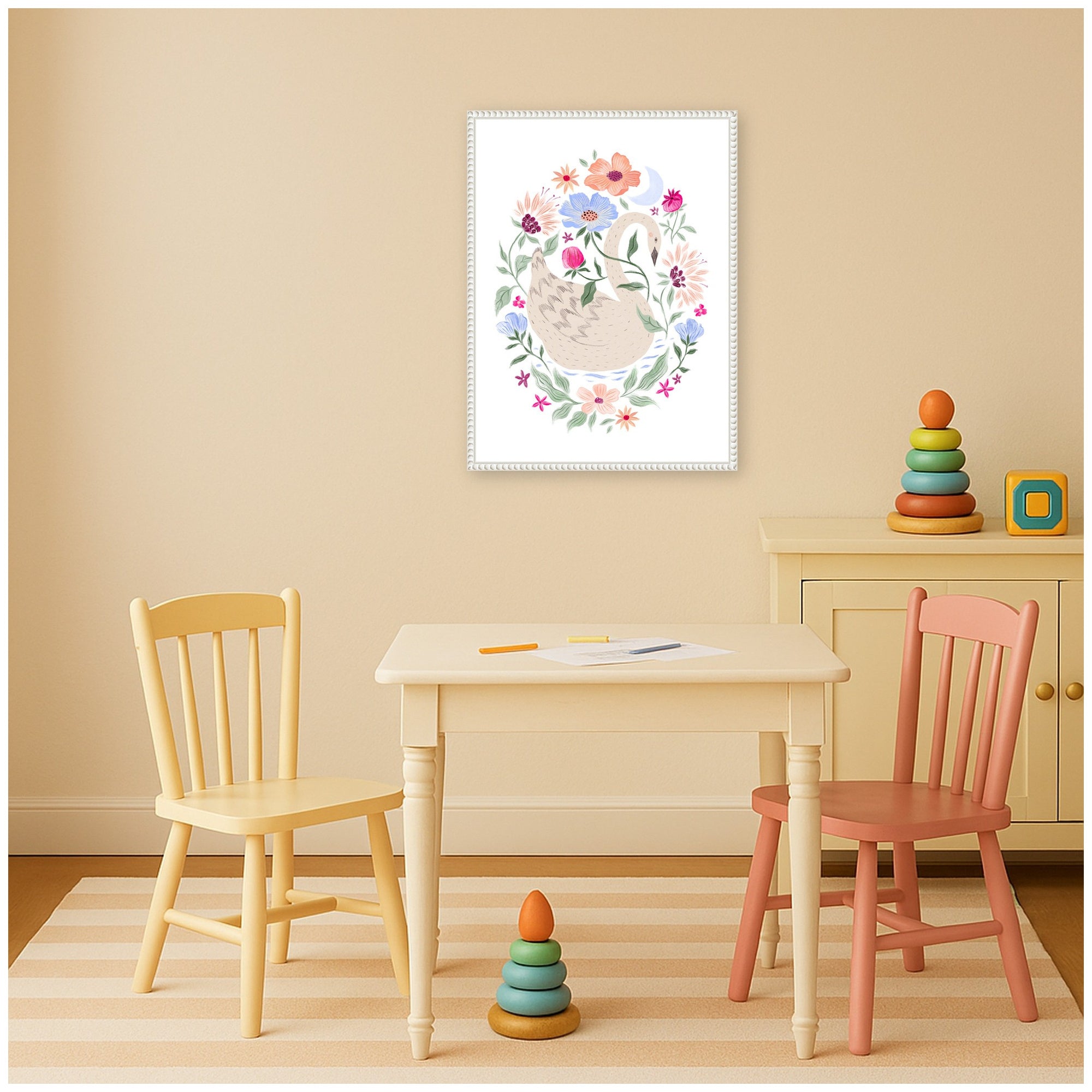 Swan Floral Oval by Jill Labieniec Framed Canvas Wall Art Print