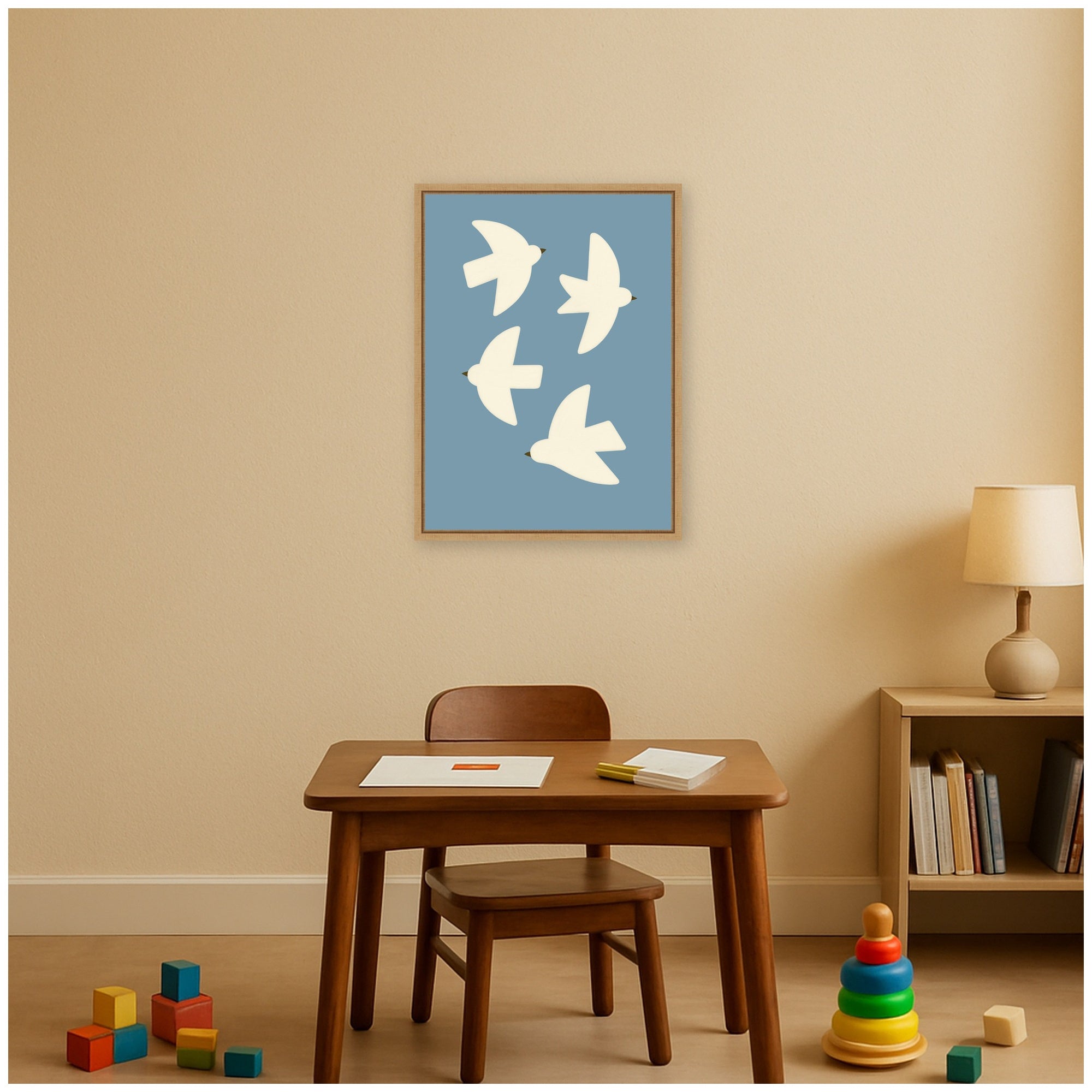 Minimalist Birds Poster Blue by Laura Moss Framed Canvas Wall Art Print
