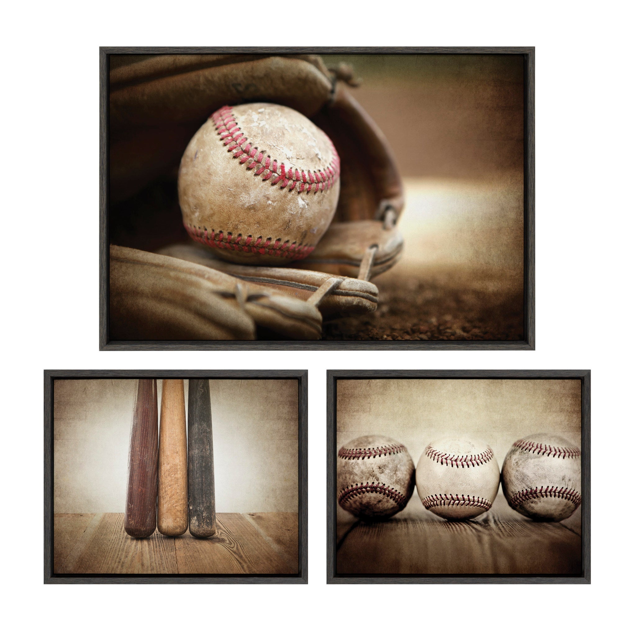 Sylvie Three Vintage Bats, Baseball Glove at Home Plate and Three Vintage Baseballs Framed Canvas Art Set by Saint and Sailor Studios