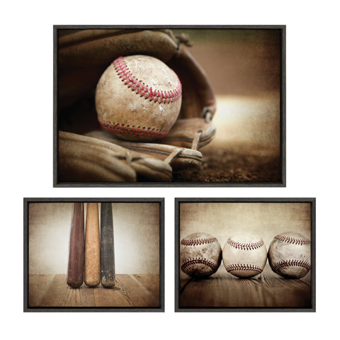 Sylvie Three Vintage Bats, Baseball Glove at Home Plate and Three Vintage Baseballs Framed Canvas Art Set by Saint and Sailor Studios