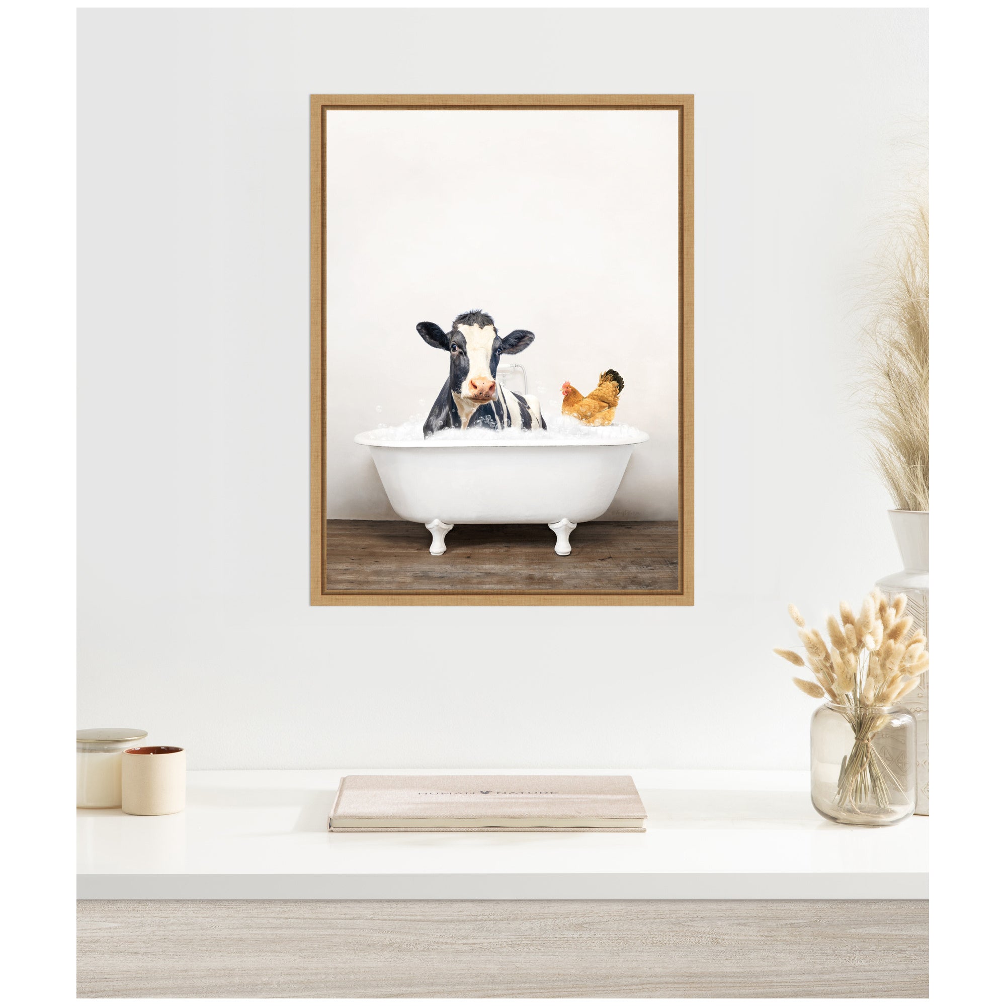 Sylvie Cow and Chicken in Rustic Bathtub Framed Canvas by Amy Peterson