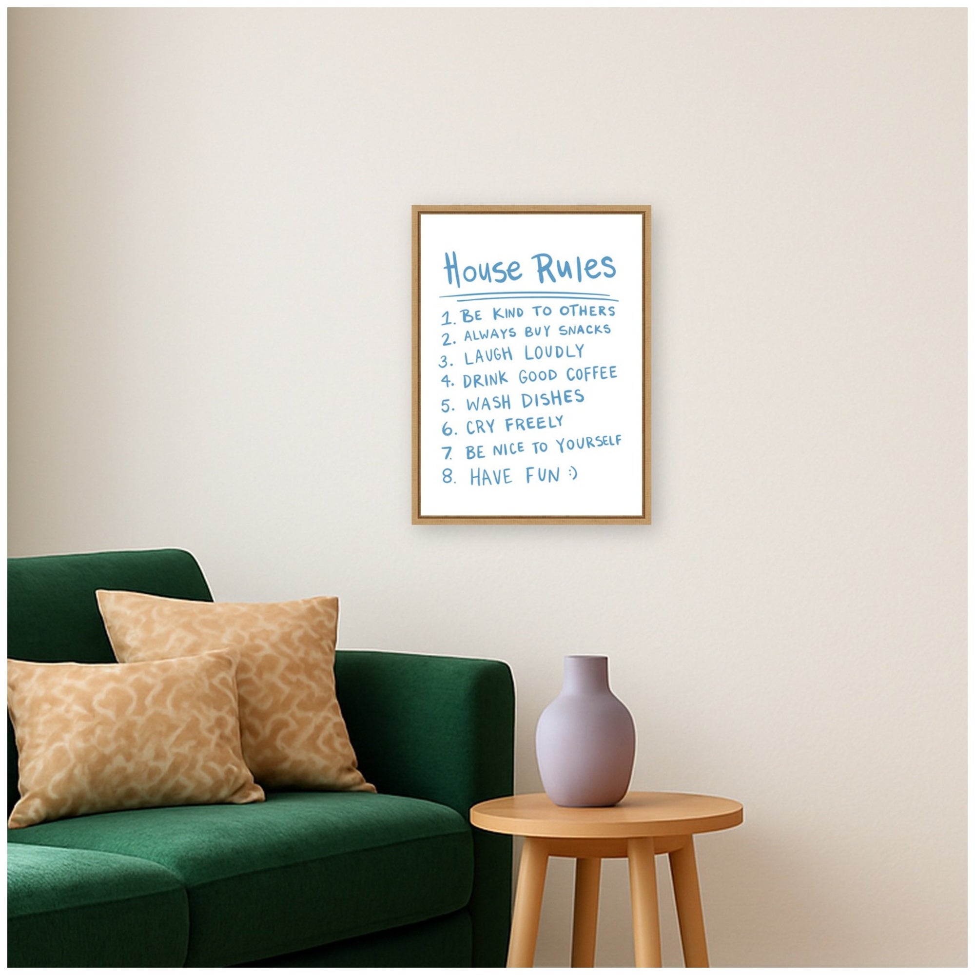 House Rules Light Blue by Megan Ryan Framed Canvas Wall Art Print