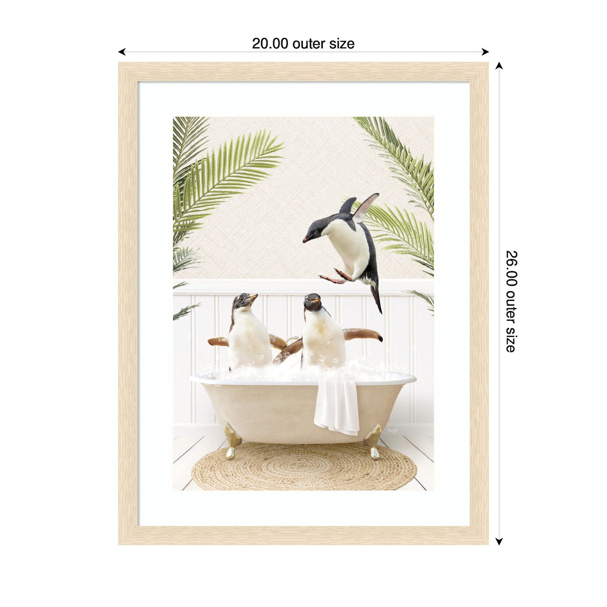 Penguins in Palms Bath by Amy Peterson Framed Wall Art Print