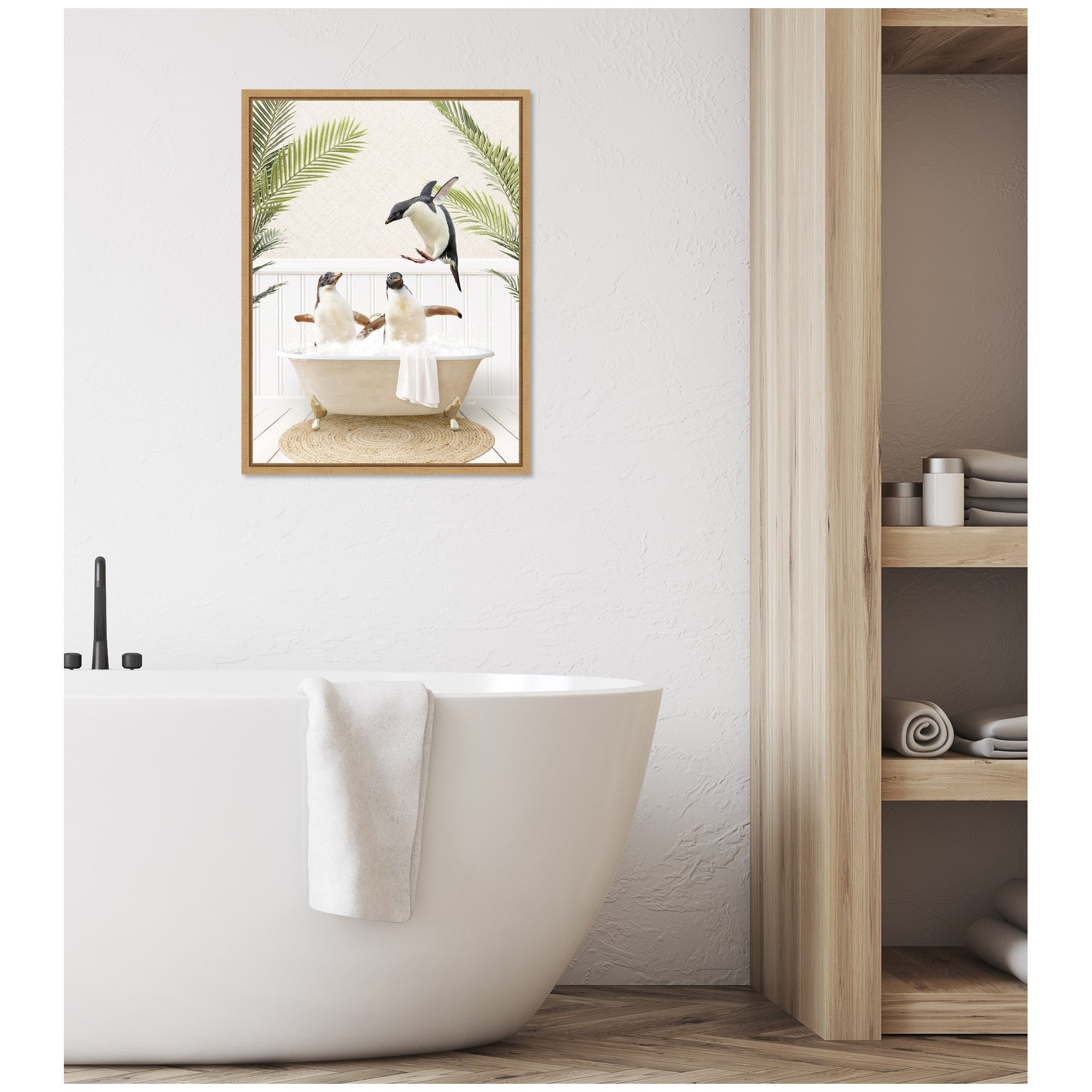 Sylvie Penguins in Palms Bath Framed Canvas by Amy Peterson