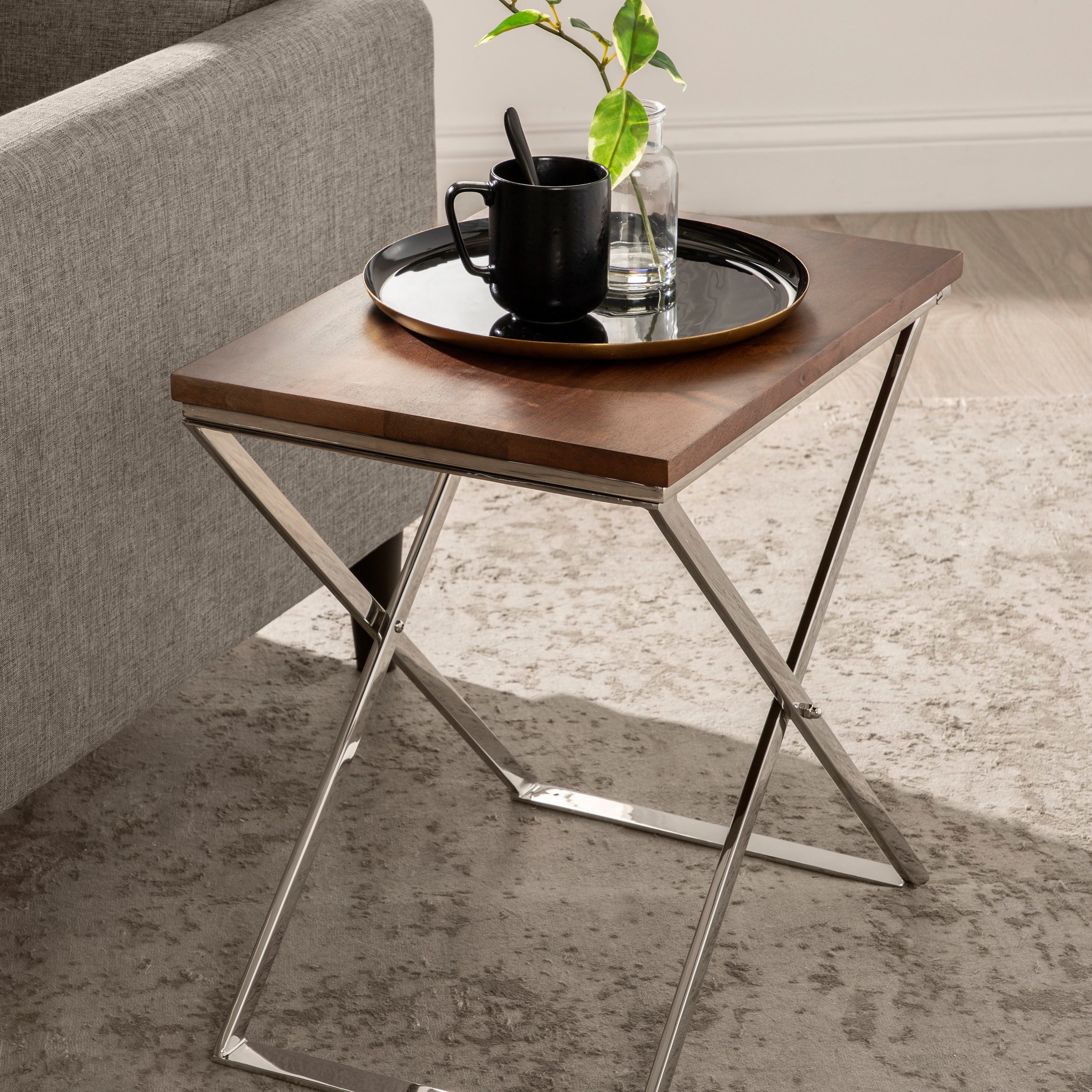 Side Table Walnut Brown Silver 20x14x20 7