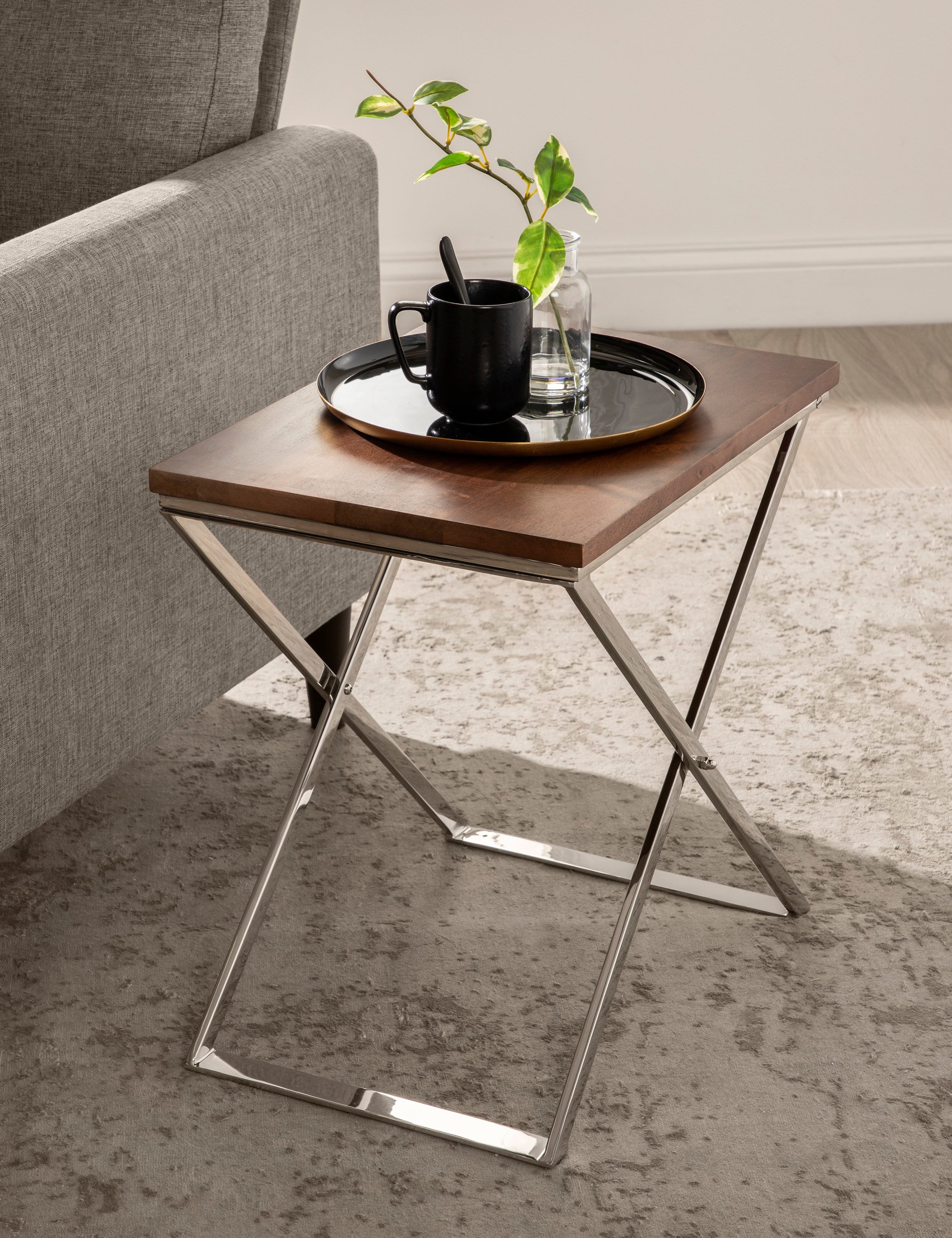 Side Table Walnut Brown Silver 20x14x20 7