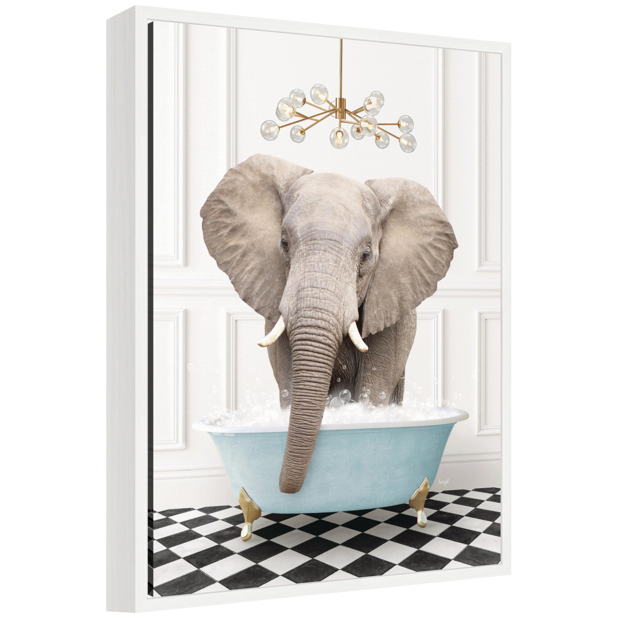 Sylvie Elephant Front in Blue Bathtub on Checker Floor Framed Canvas by Amy Peterson