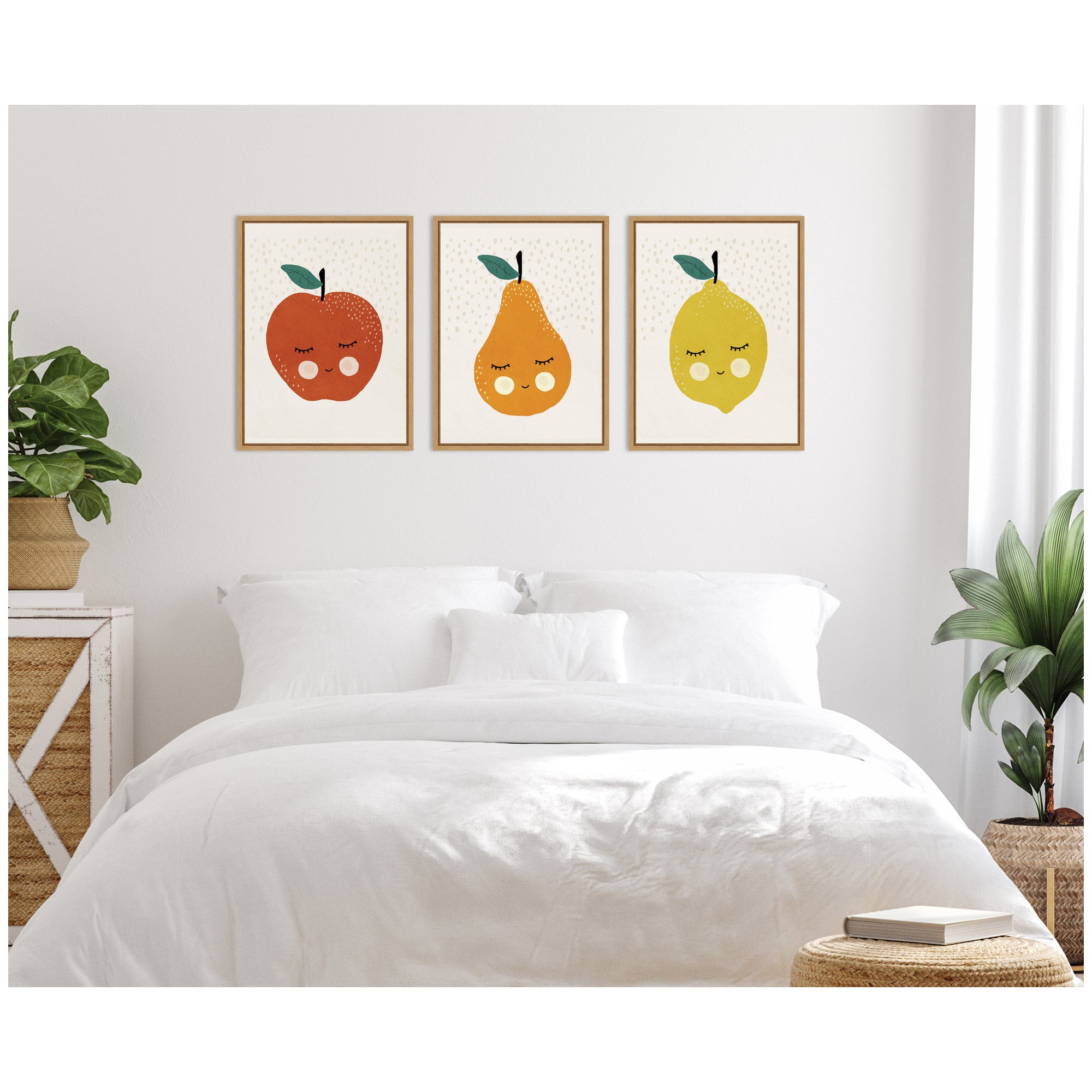 Cute Apple Lemon Pear 3 Piece Framed Canvas Wall Art Set by July Art Prints