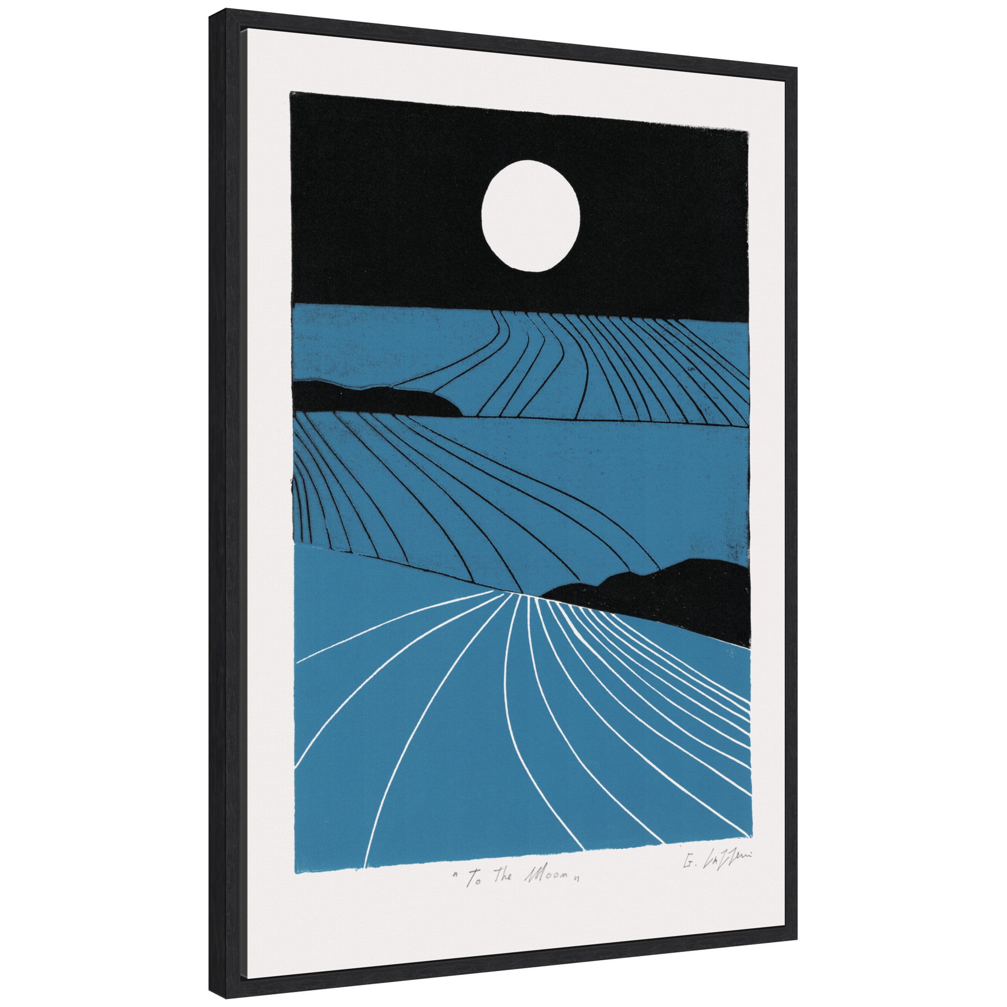 Sylvie Folk To The Moon Linocut Framed Canvas by Giuliana Lazzerini