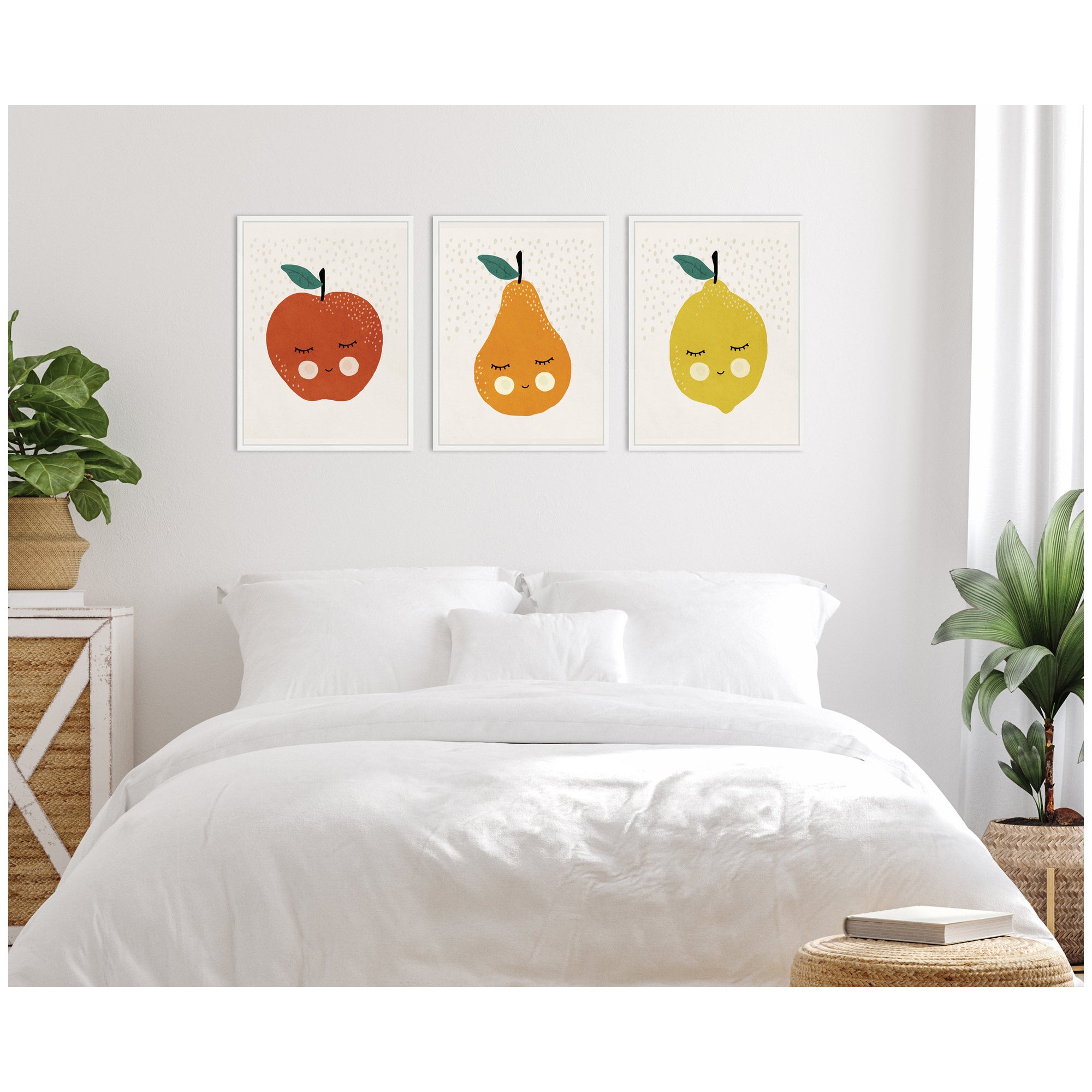Cute Apple Lemon Pear 3 Piece Framed Canvas Wall Art Set by July Art Prints