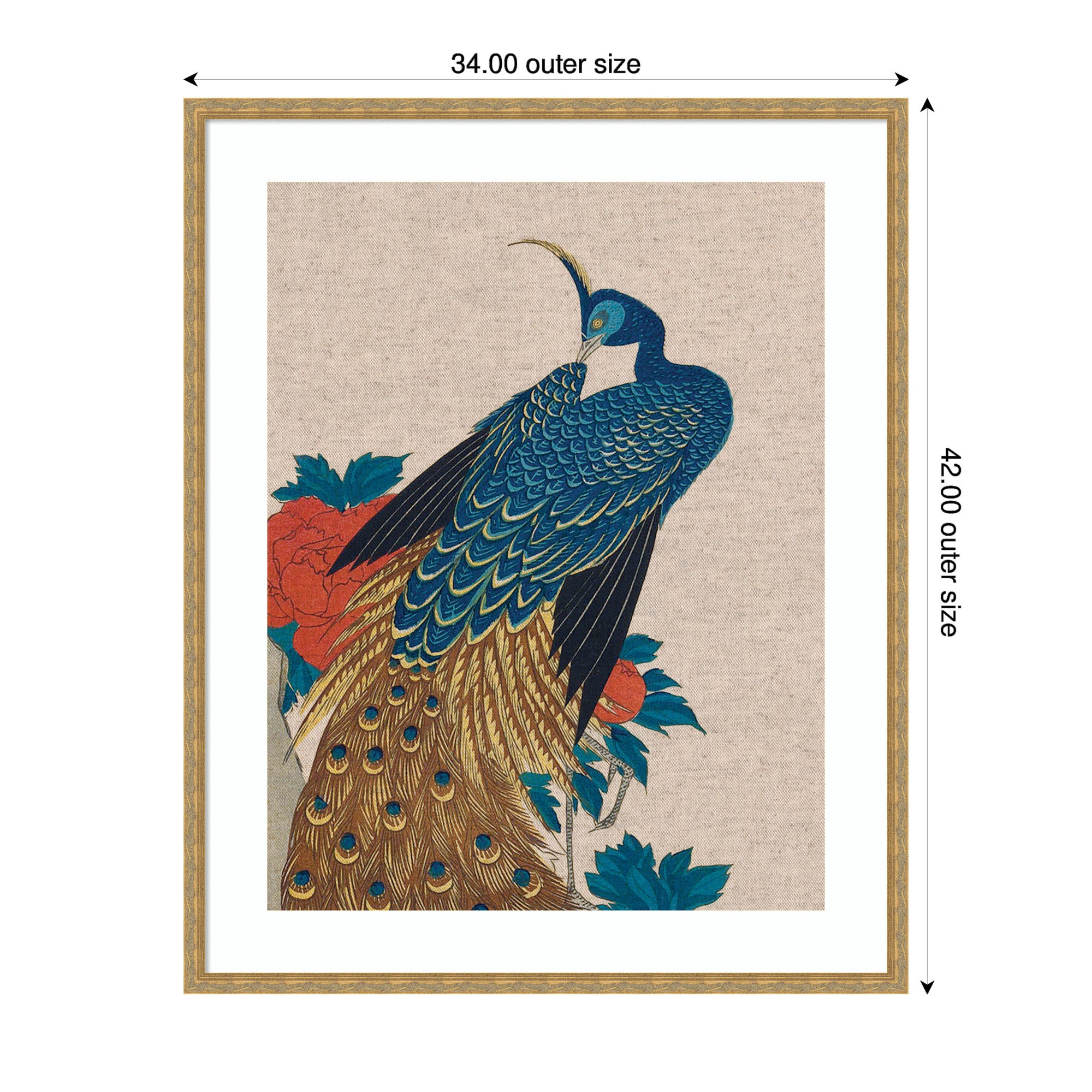 Framed Art Peacock and Peonies 1840 Utagawa Hiroshige Neutral Linen by The Art Institute of Chicago