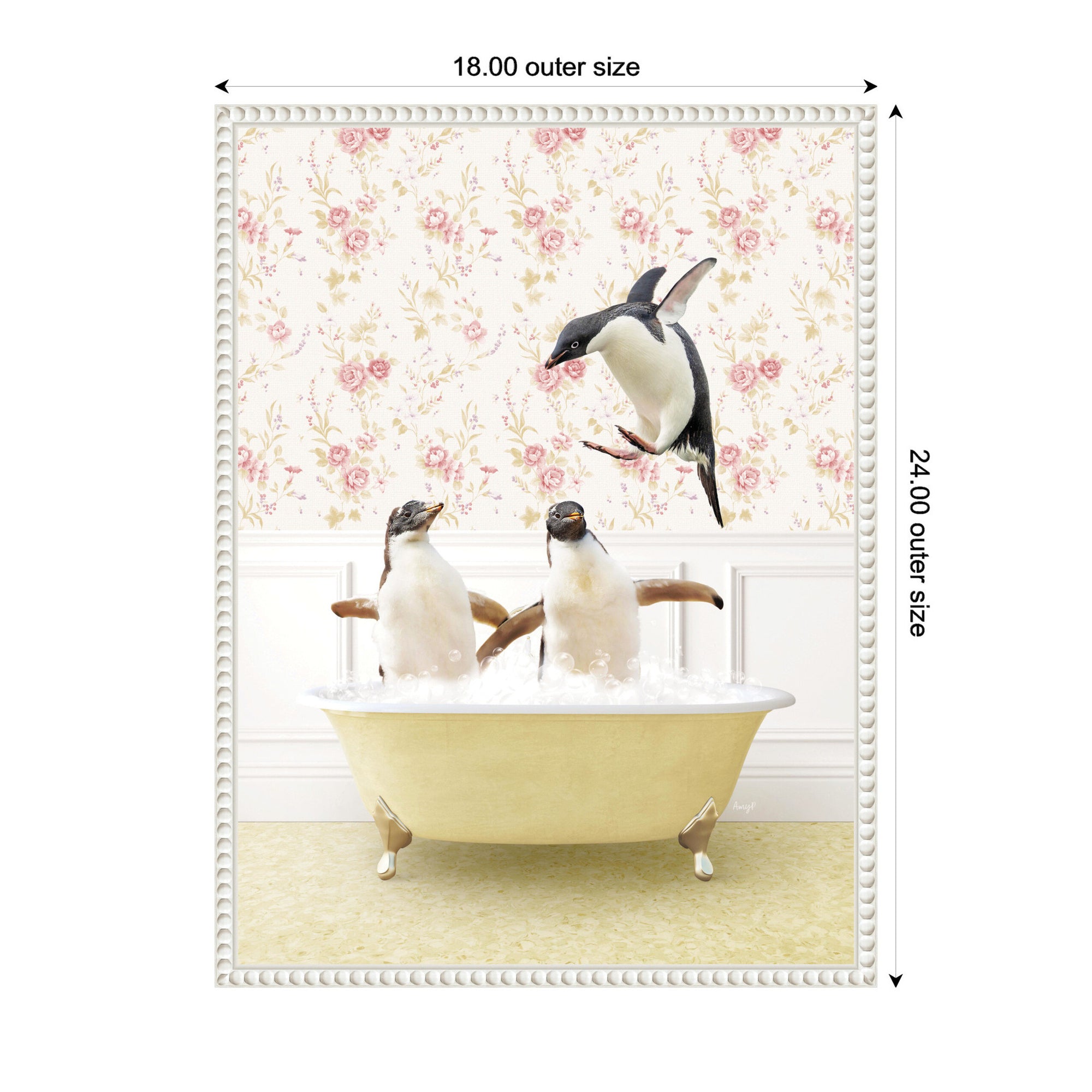 Sylvie Penguins in Vintage Yellow Bath Framed Canvas by Amy Peterson