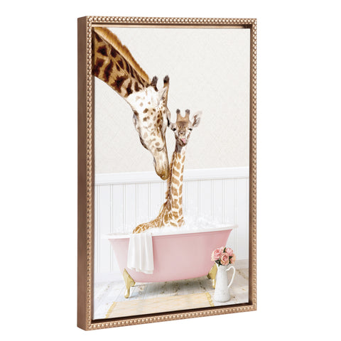 Sylvie Beaded Mother and Baby Giraffe in Cottage Rose Bath Framed Canvas by Amy Peterson