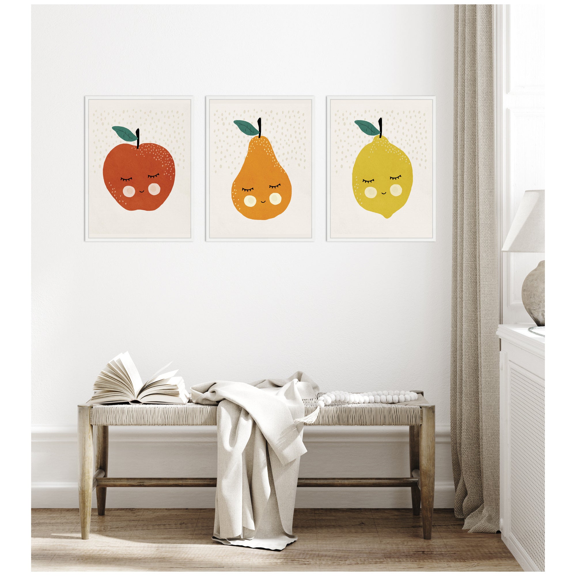 Cute Apple Lemon Pear 3 Piece Framed Canvas Wall Art Set by July Art Prints