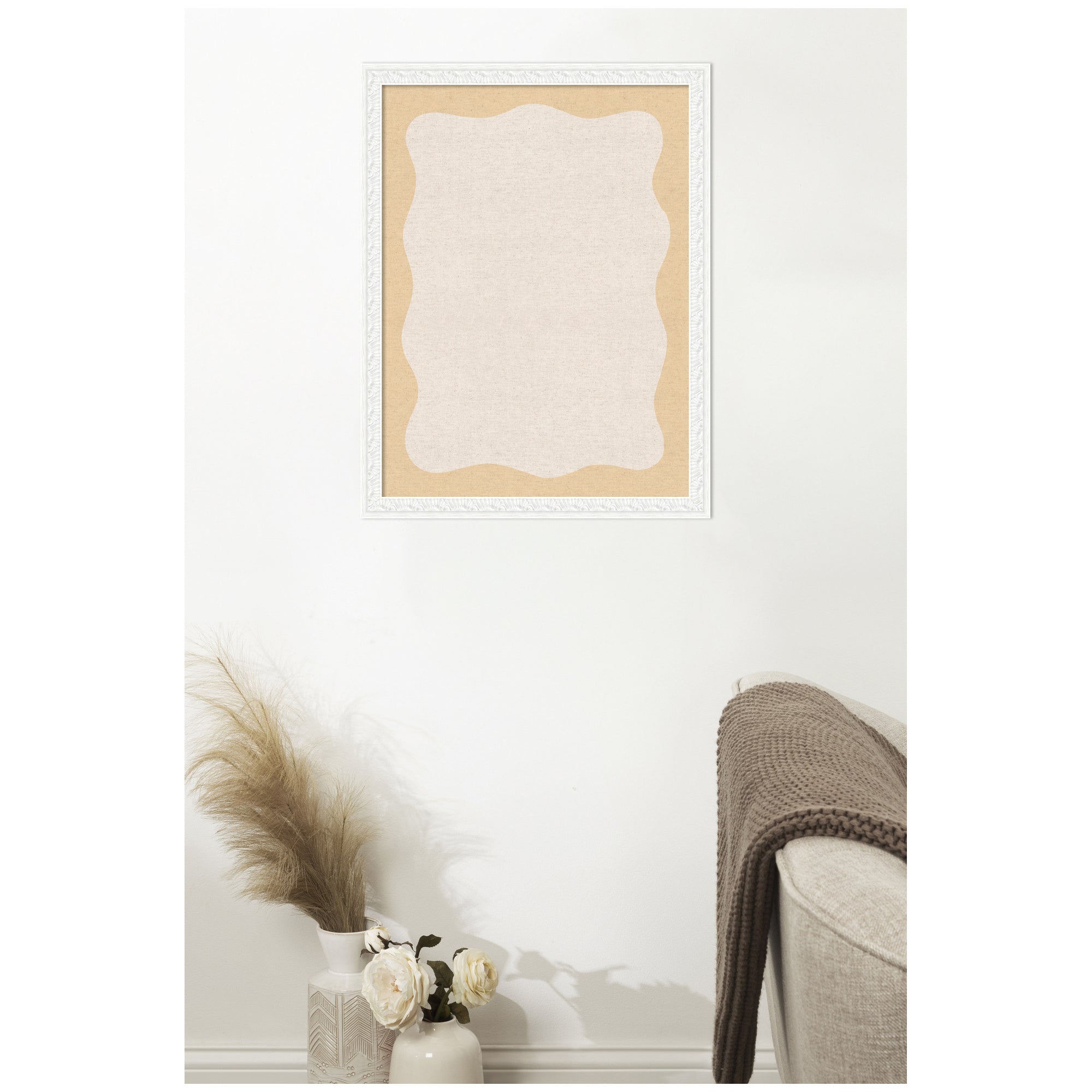 Framed Fabric Pinboard Wavy Neutral Linen and Yellow Wall Organization