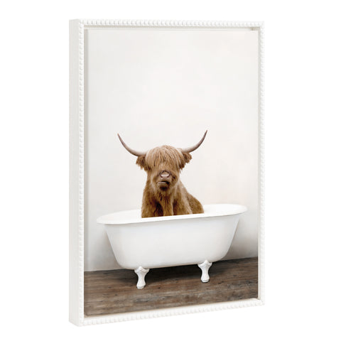 Sylvie Beaded Highland Cow in the Tub Color Framed Canvas by Amy Peterson