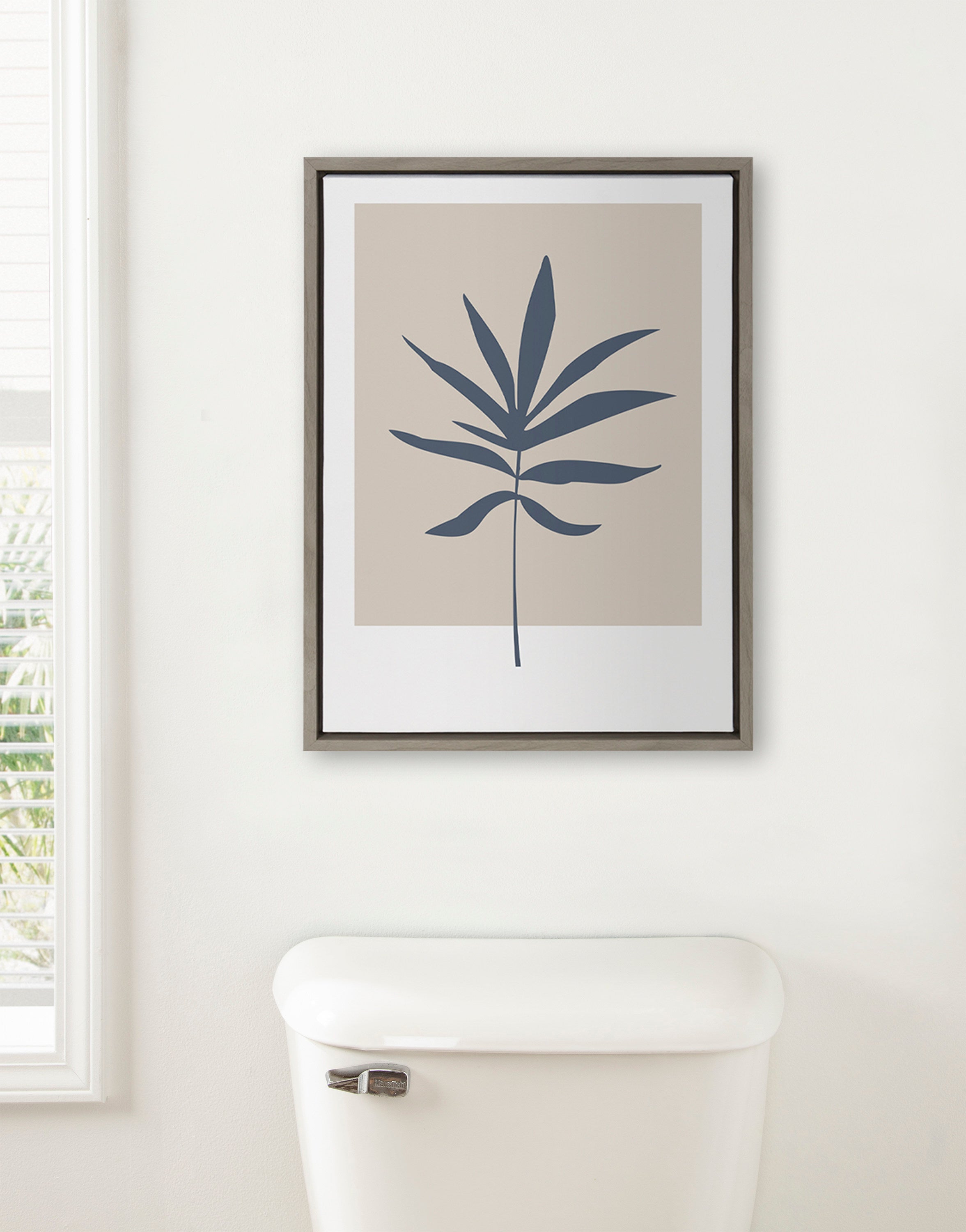 Sylvie Muted Tan and Blue Colorblock Botanical Leaf Framed Canvas by The Creative Bunch Studio