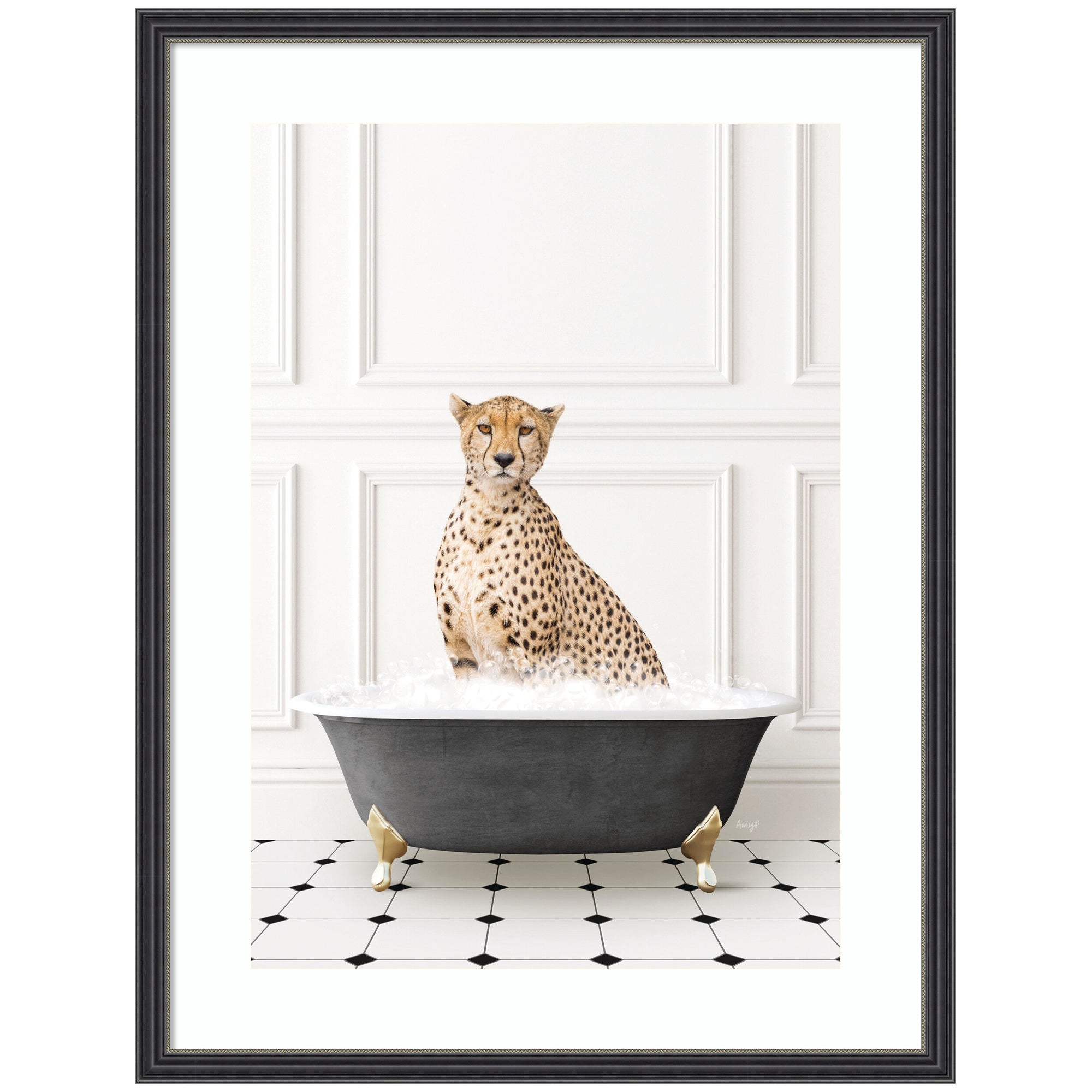 Cheetah in Classic Black and White Bathtub by Amy Peterson Framed Wall Art Print
