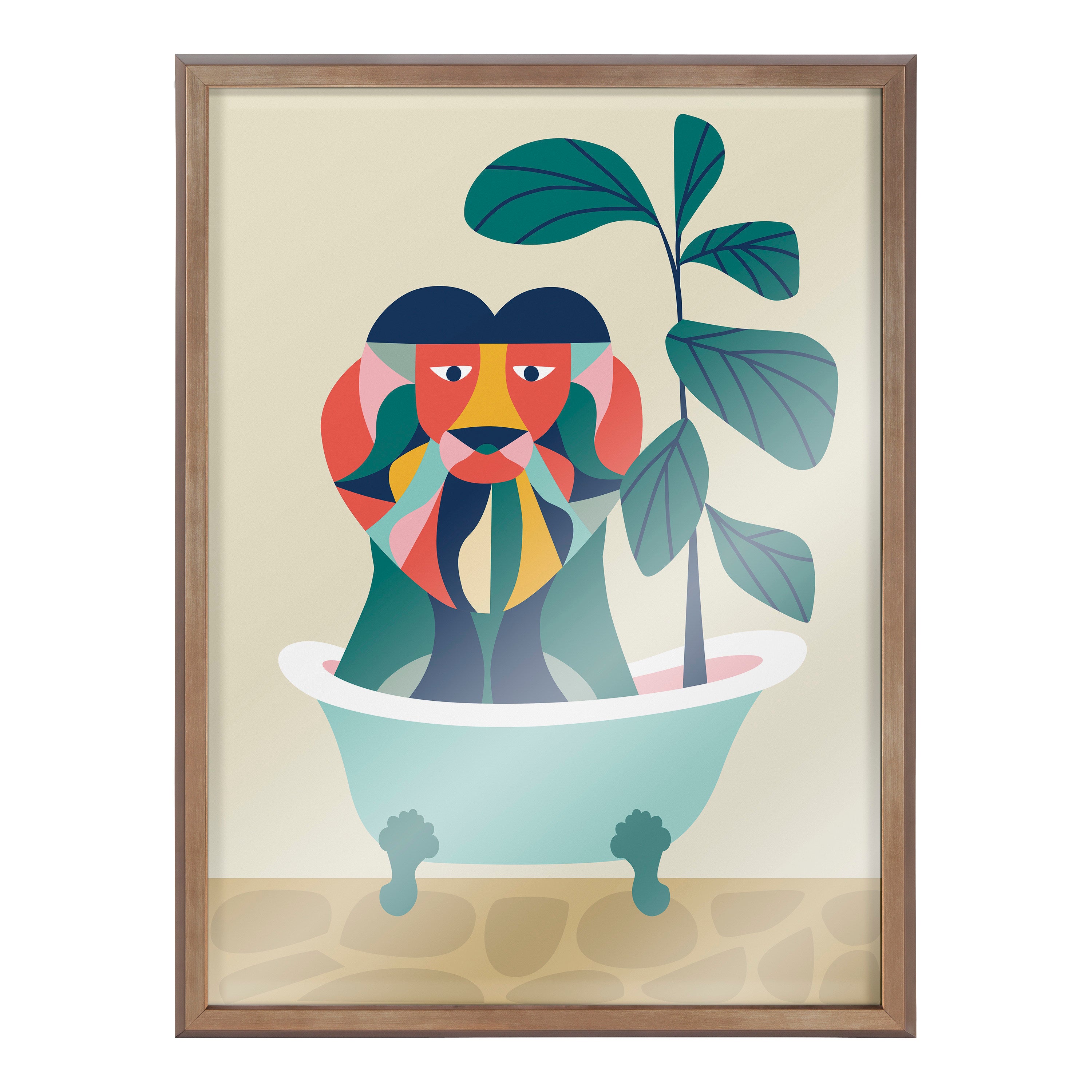Blake Mid Century Modern Lion in Bathtub Framed Printed Glass by Rachel Lee of My Dream Wall