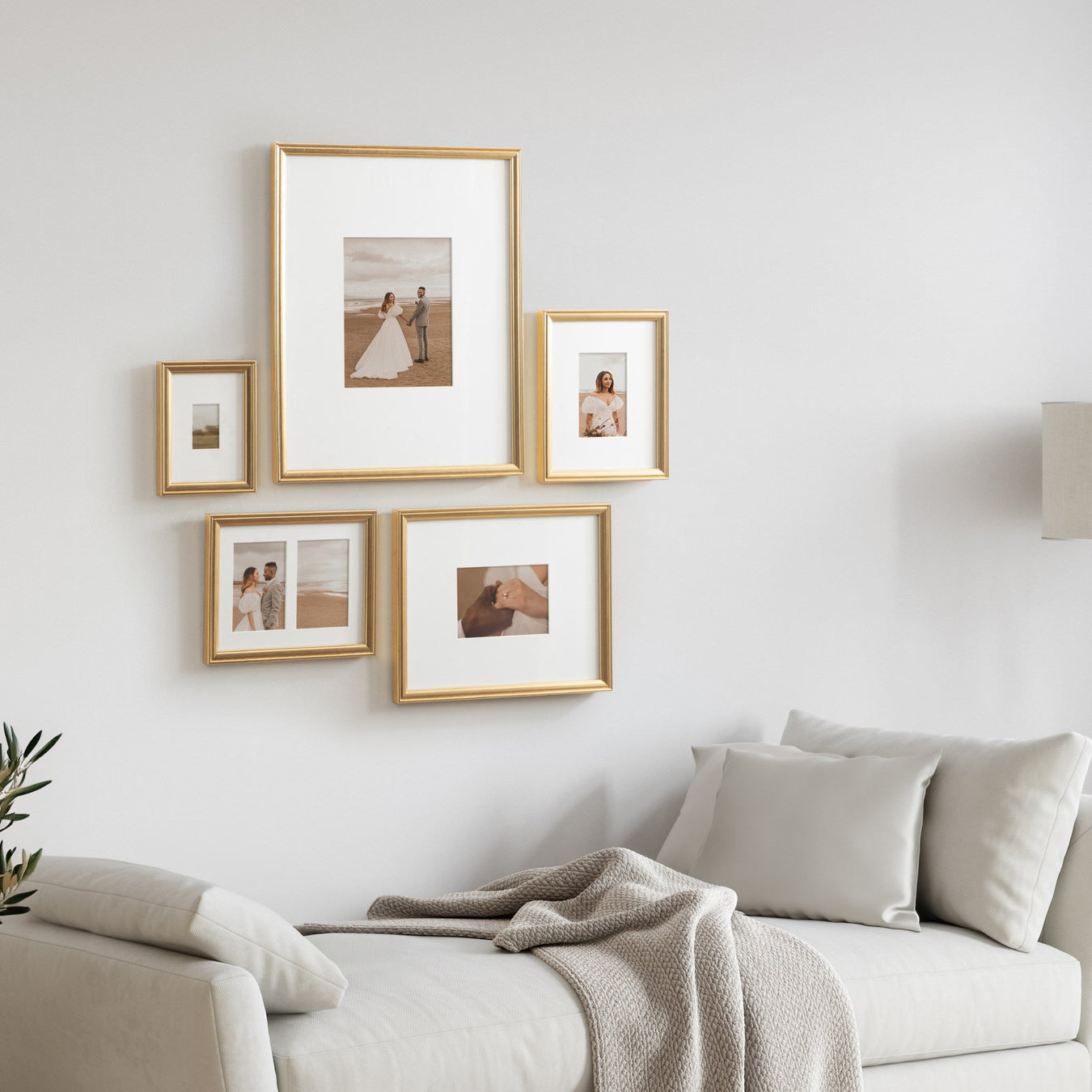 Living room with a beige sofa and wall art